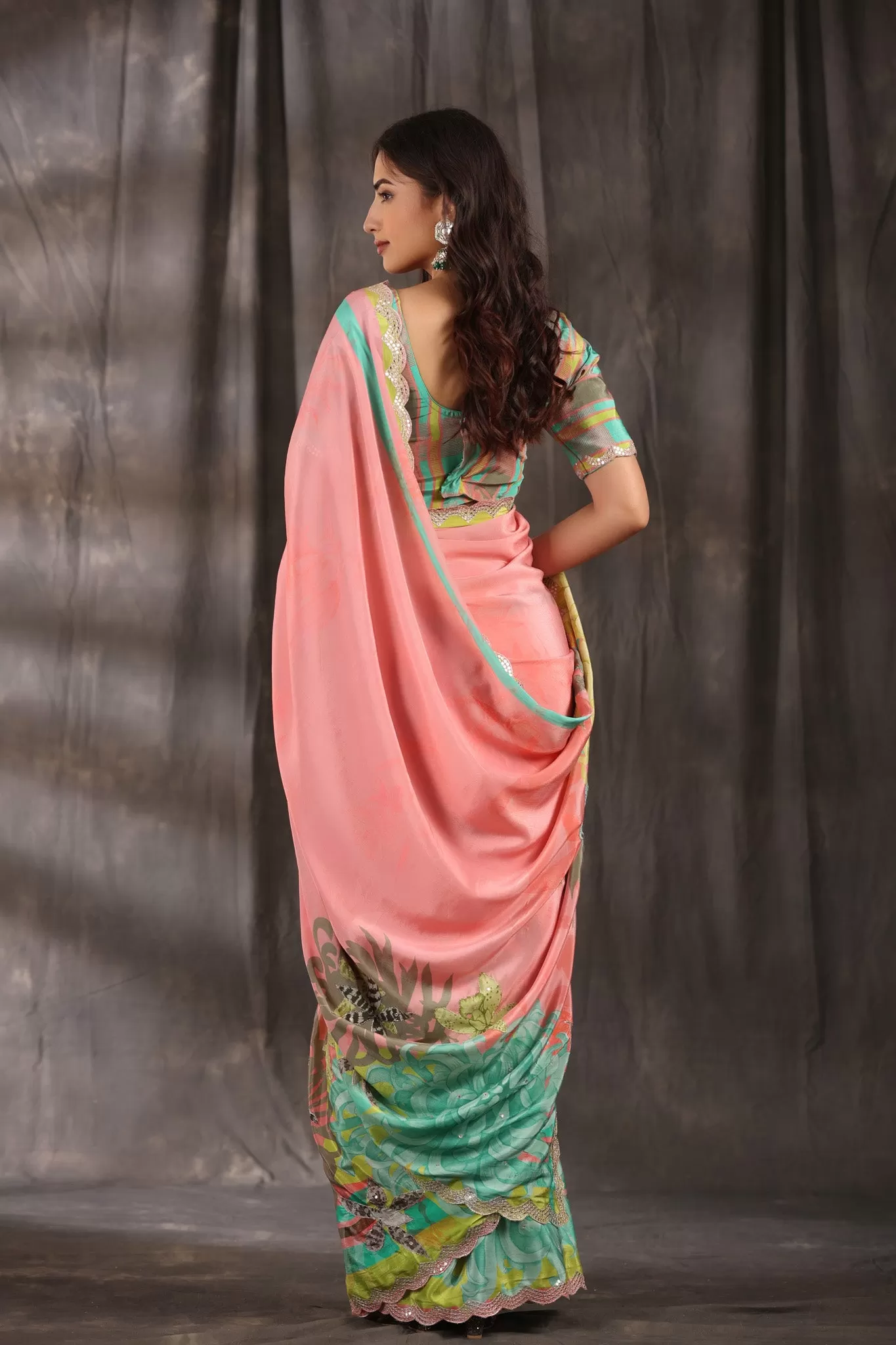 92A077 Pink Printed Crepe Georgette Saree with Scalloped Border