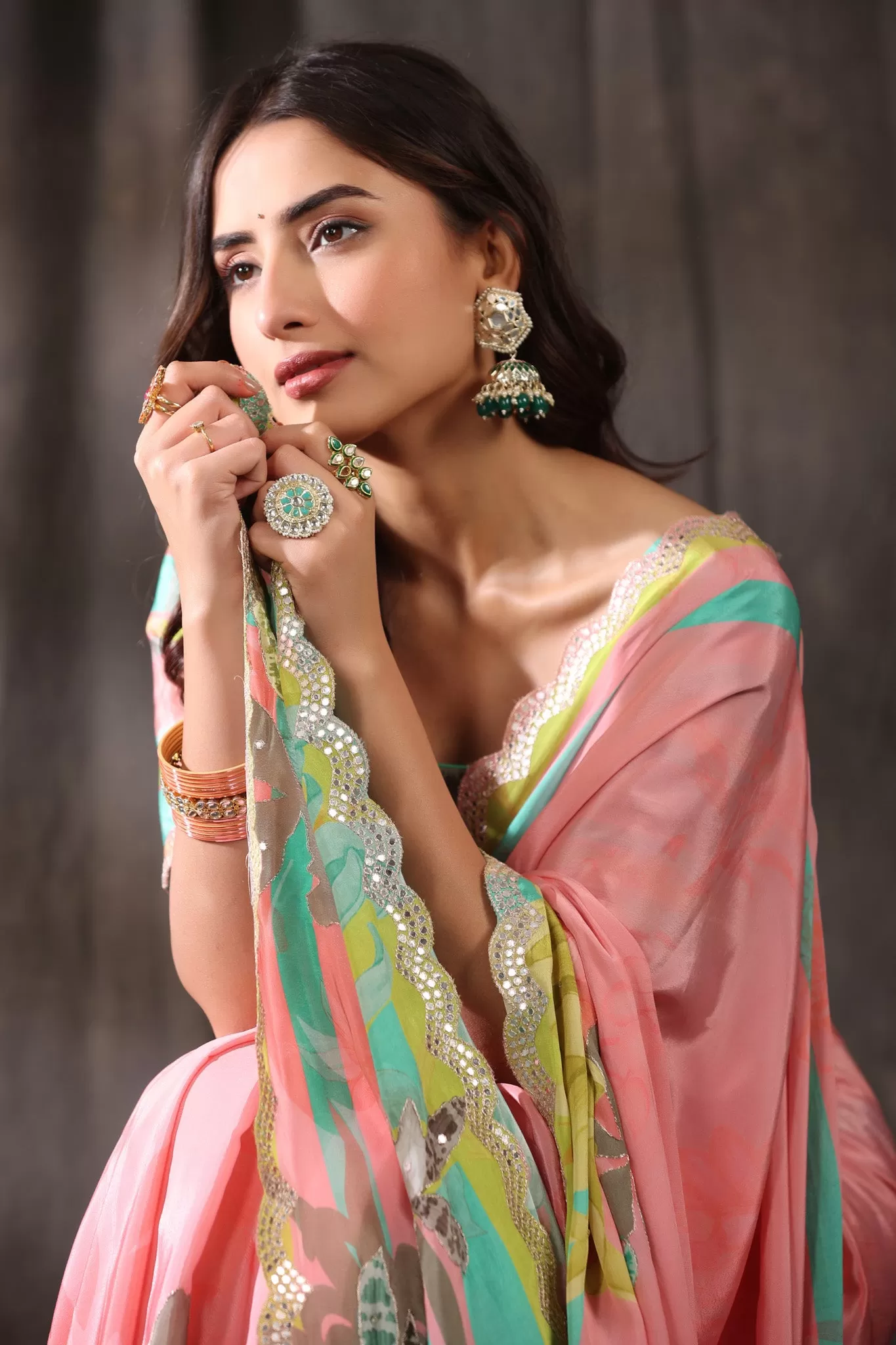 92A077 Pink Printed Crepe Georgette Saree with Scalloped Border