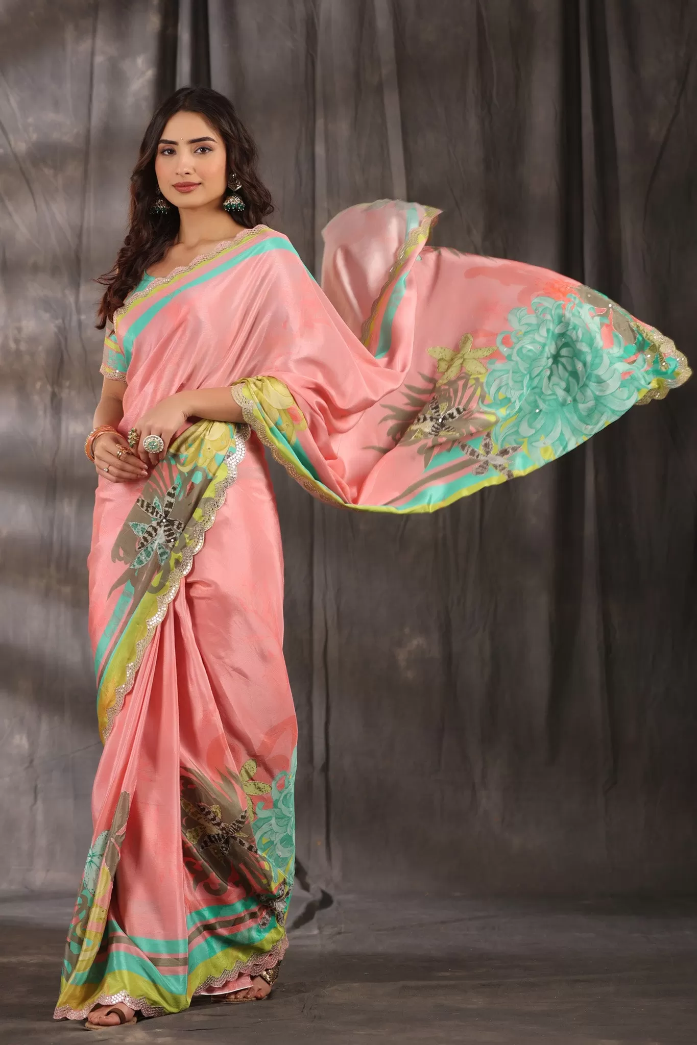 92A077 Pink Printed Crepe Georgette Saree with Scalloped Border