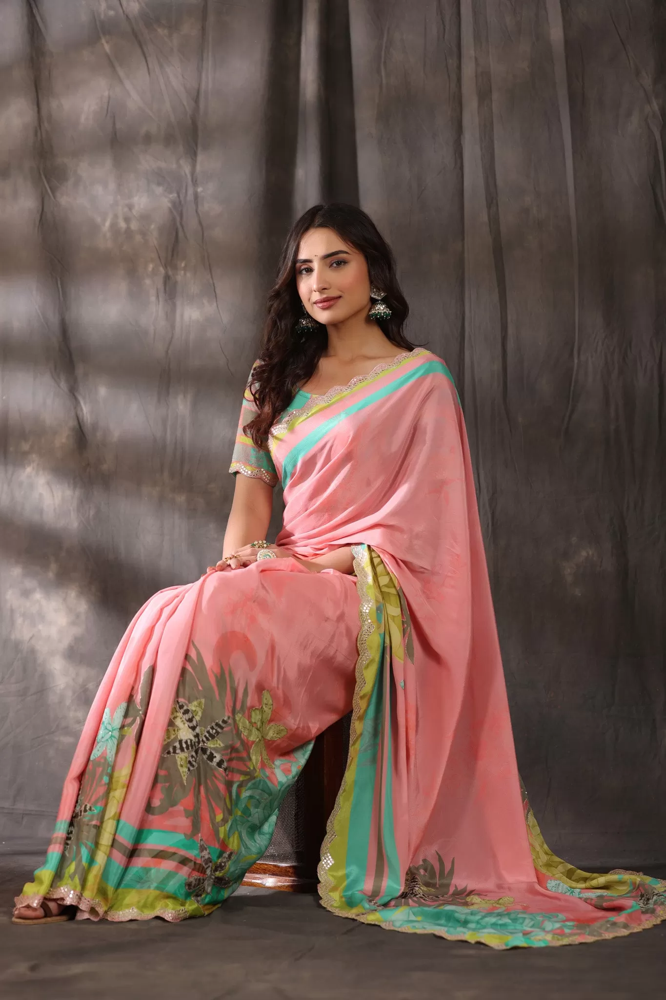 92A077 Pink Printed Crepe Georgette Saree with Scalloped Border