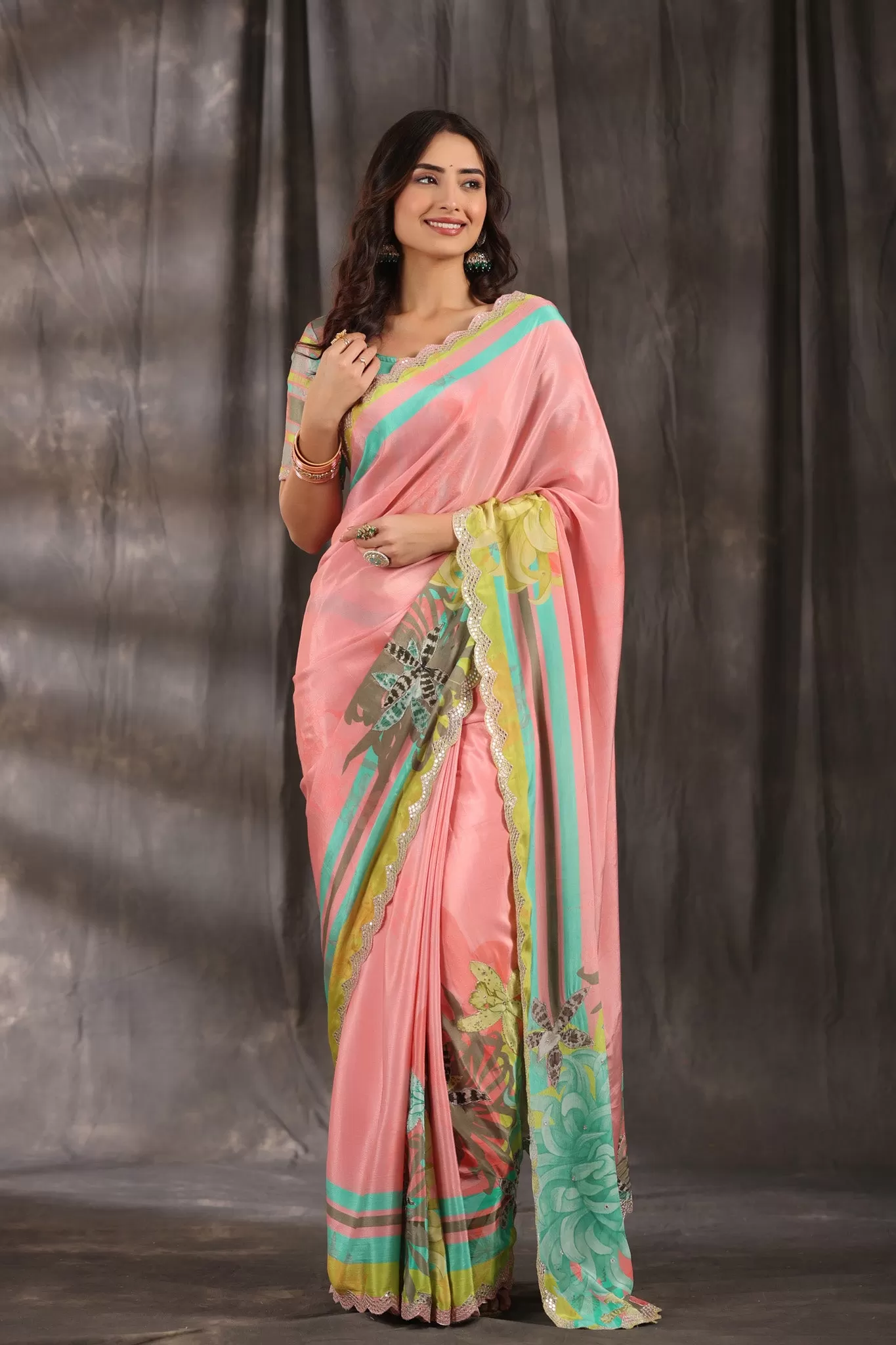 92A077 Pink Printed Crepe Georgette Saree with Scalloped Border