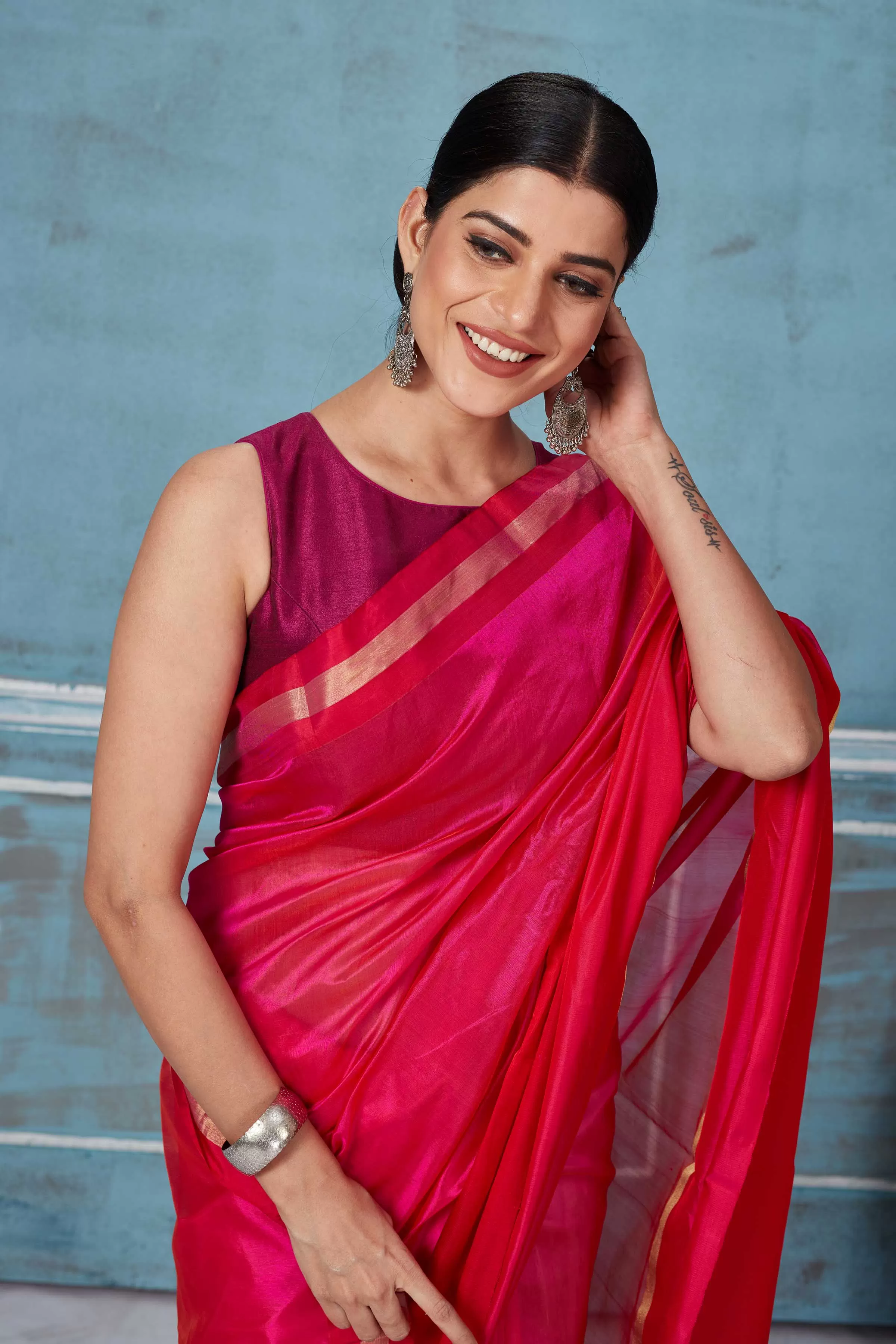 92A148 Solid Pink Pattu Silk Saree With Red Mashru Border