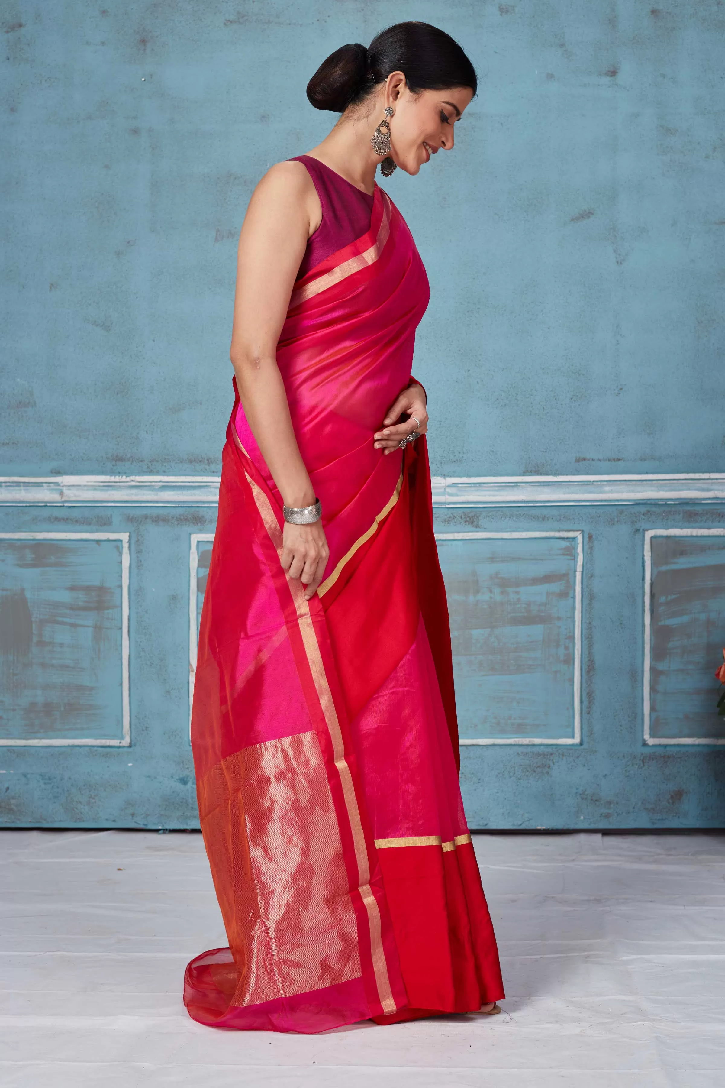 92A148 Solid Pink Pattu Silk Saree With Red Mashru Border