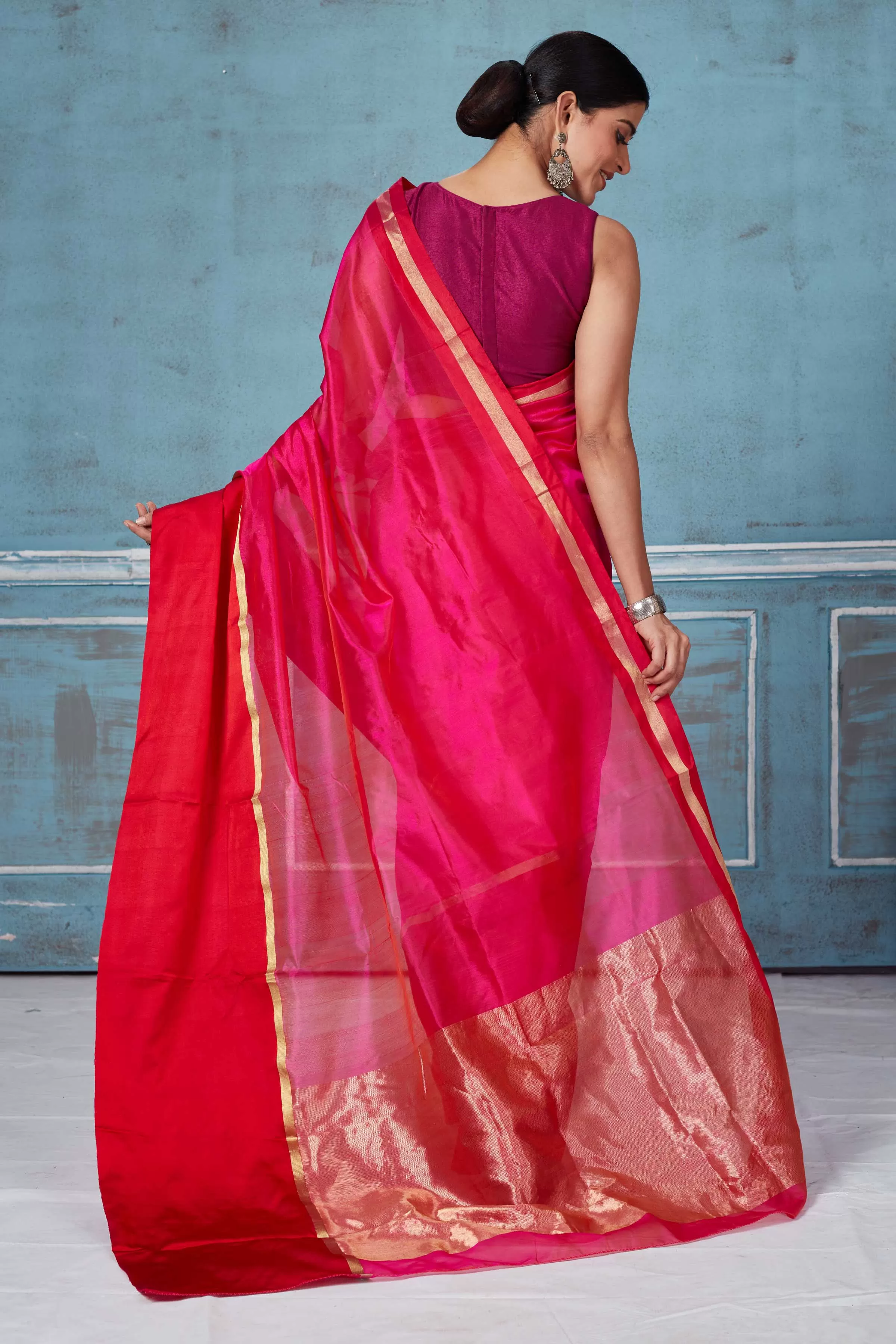 92A148 Solid Pink Pattu Silk Saree With Red Mashru Border