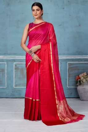 92A148 Solid Pink Pattu Silk Saree With Red Mashru Border