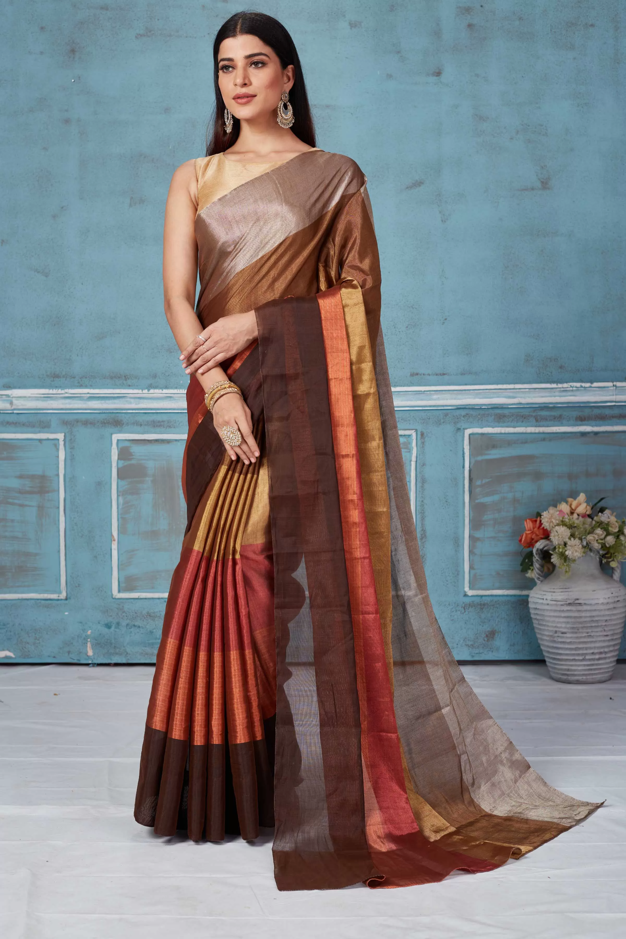 92A166 Earthy Tones Tissue Silk Golden Zari Saree