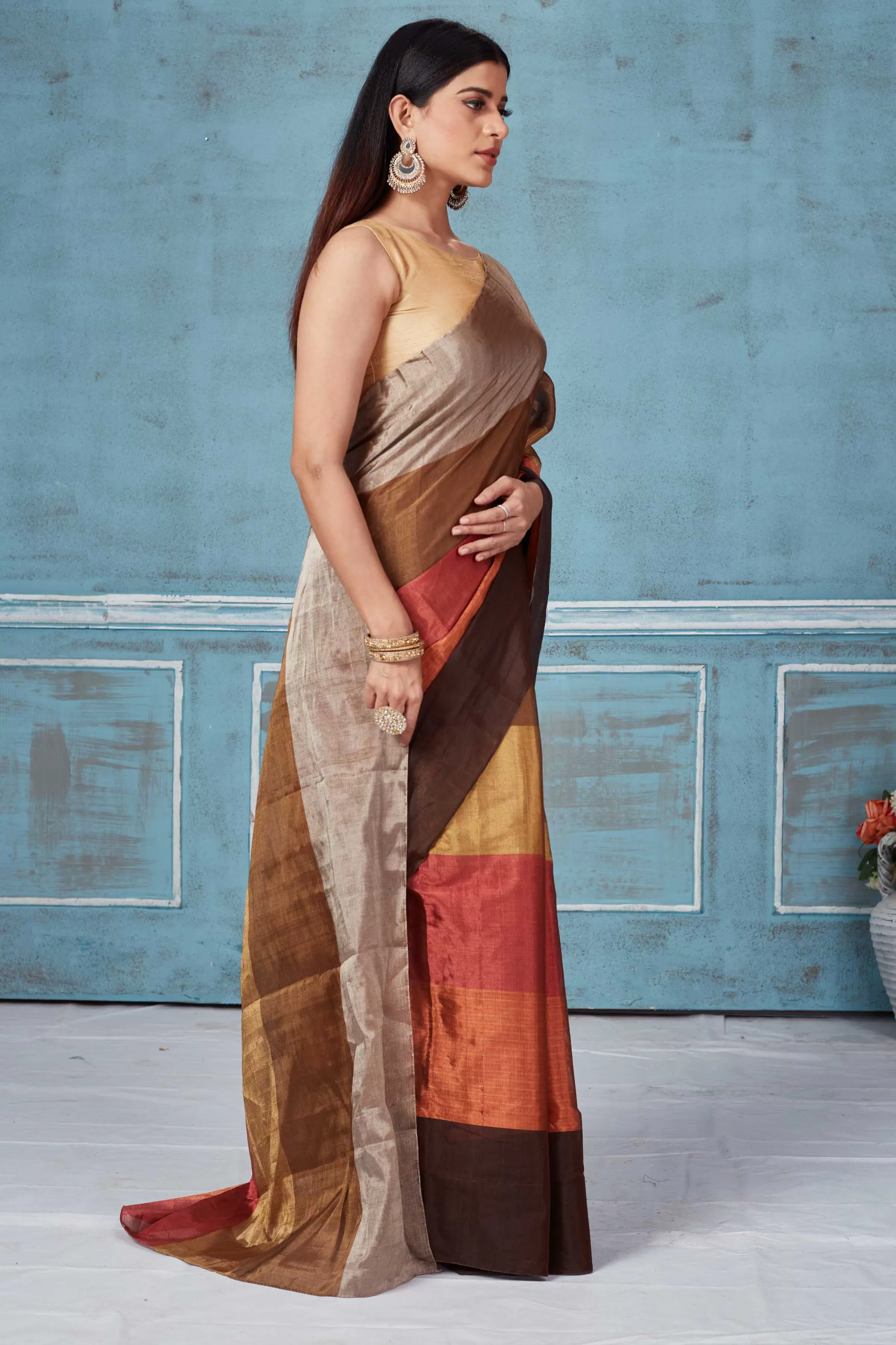 92A166 Earthy Tones Tissue Silk Golden Zari Saree