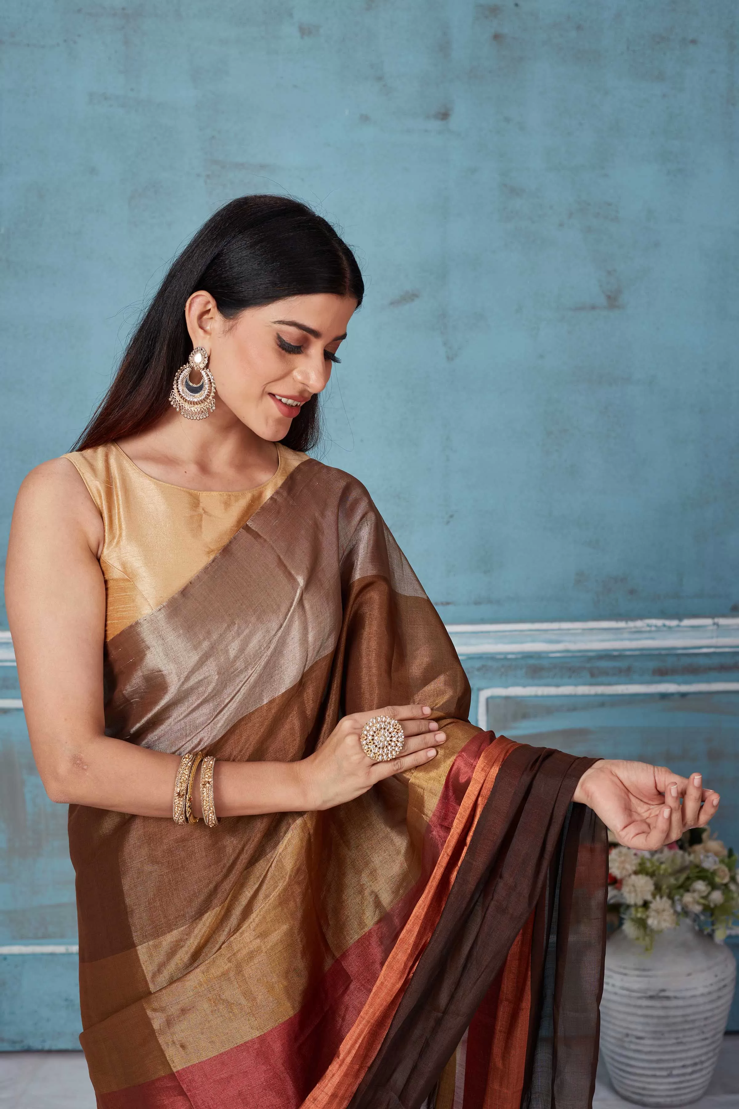 92A166 Earthy Tones Tissue Silk Golden Zari Saree