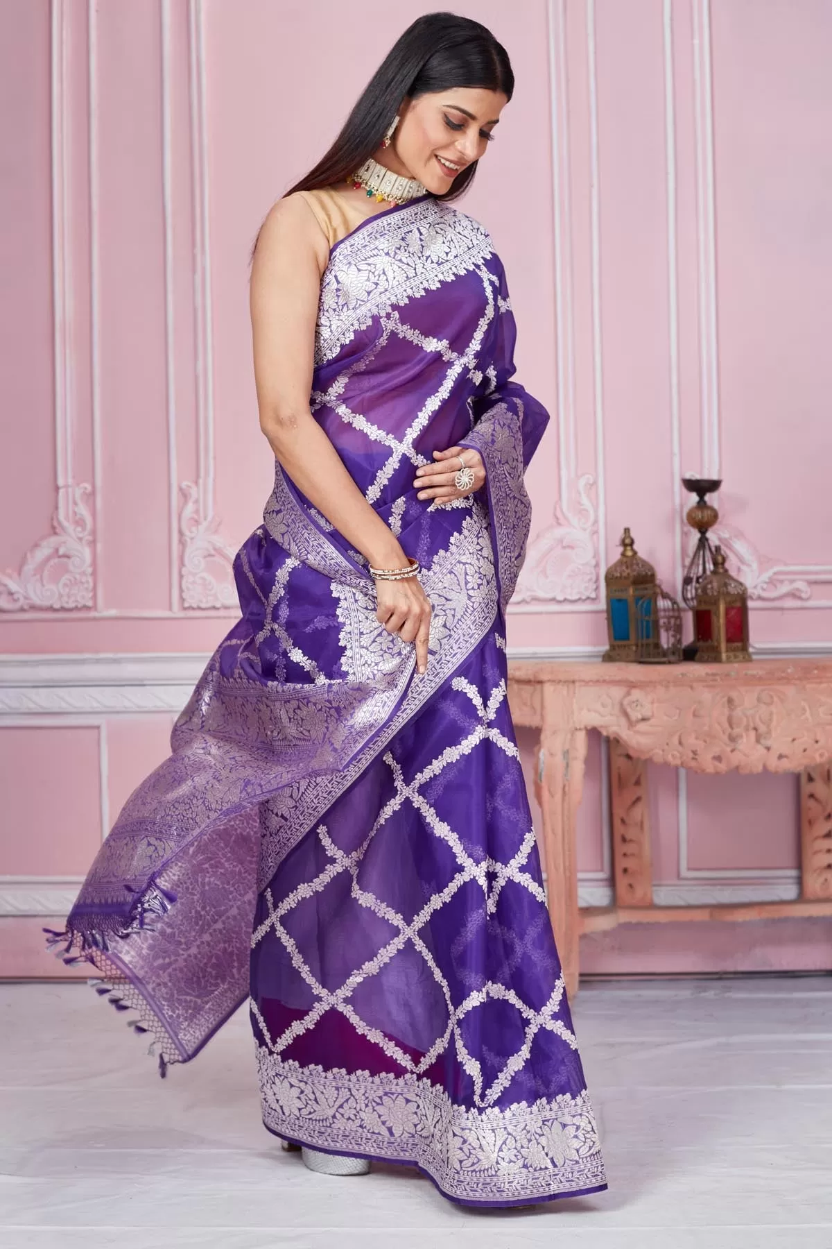 92A181 Purple Banarasi Saree with Silver Zari Work