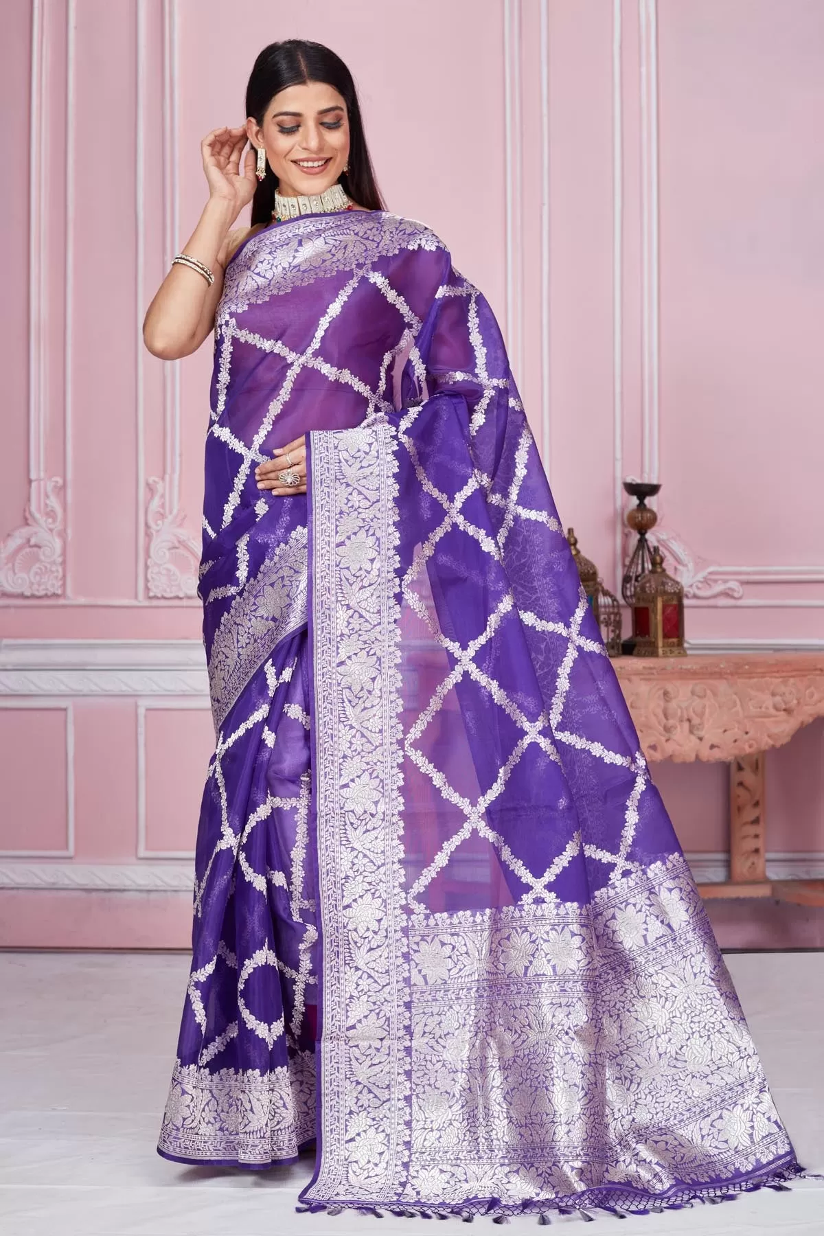 92A181 Purple Banarasi Saree with Silver Zari Work