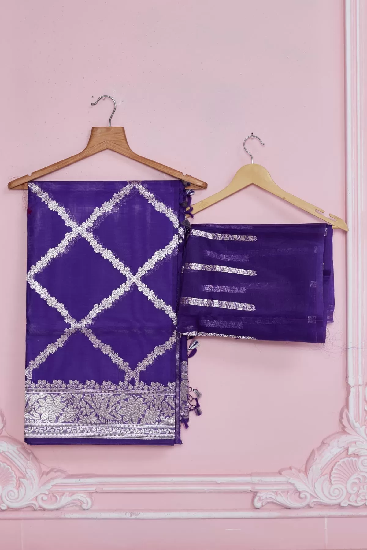 92A181 Purple Banarasi Saree with Silver Zari Work