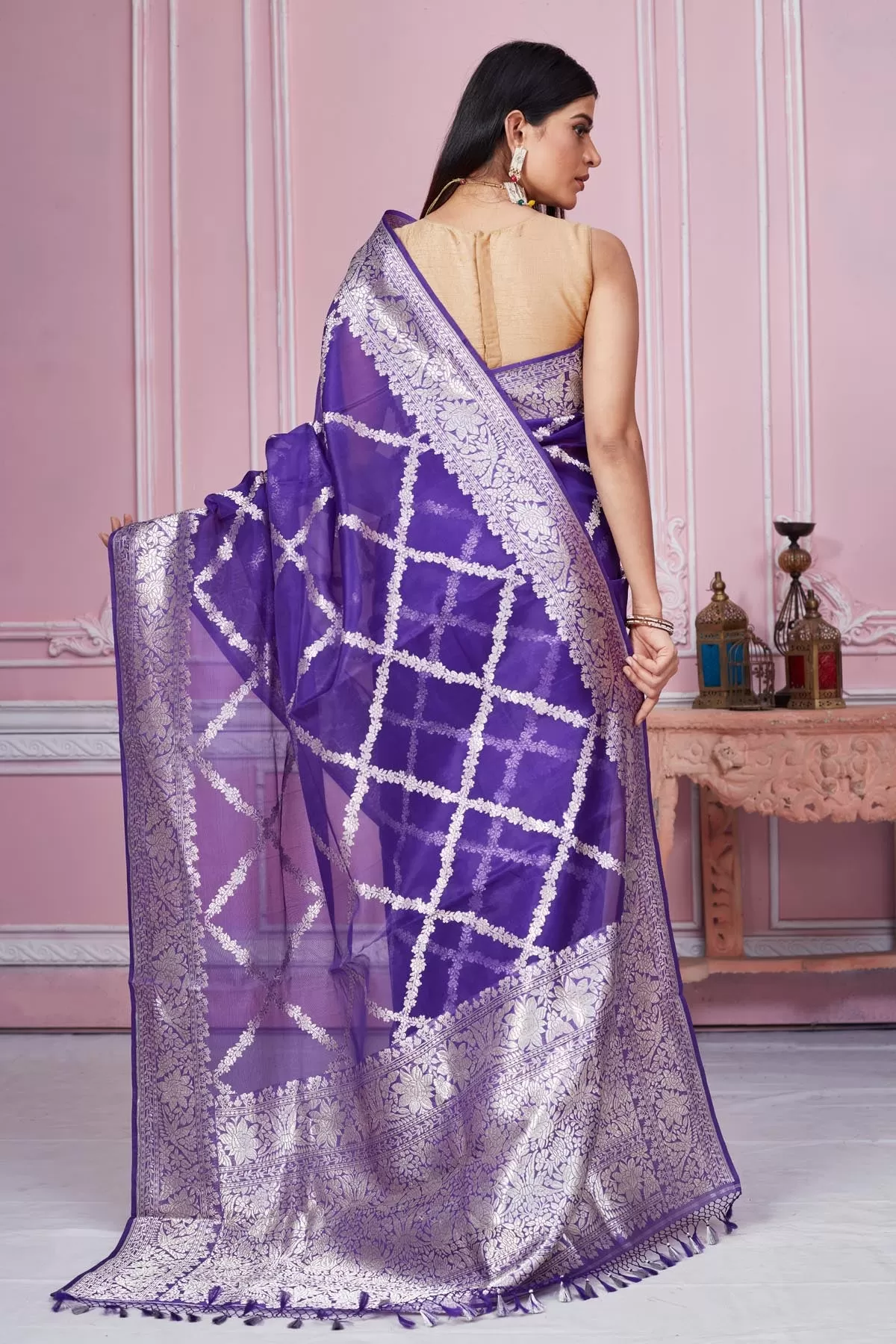 92A181 Purple Banarasi Saree with Silver Zari Work