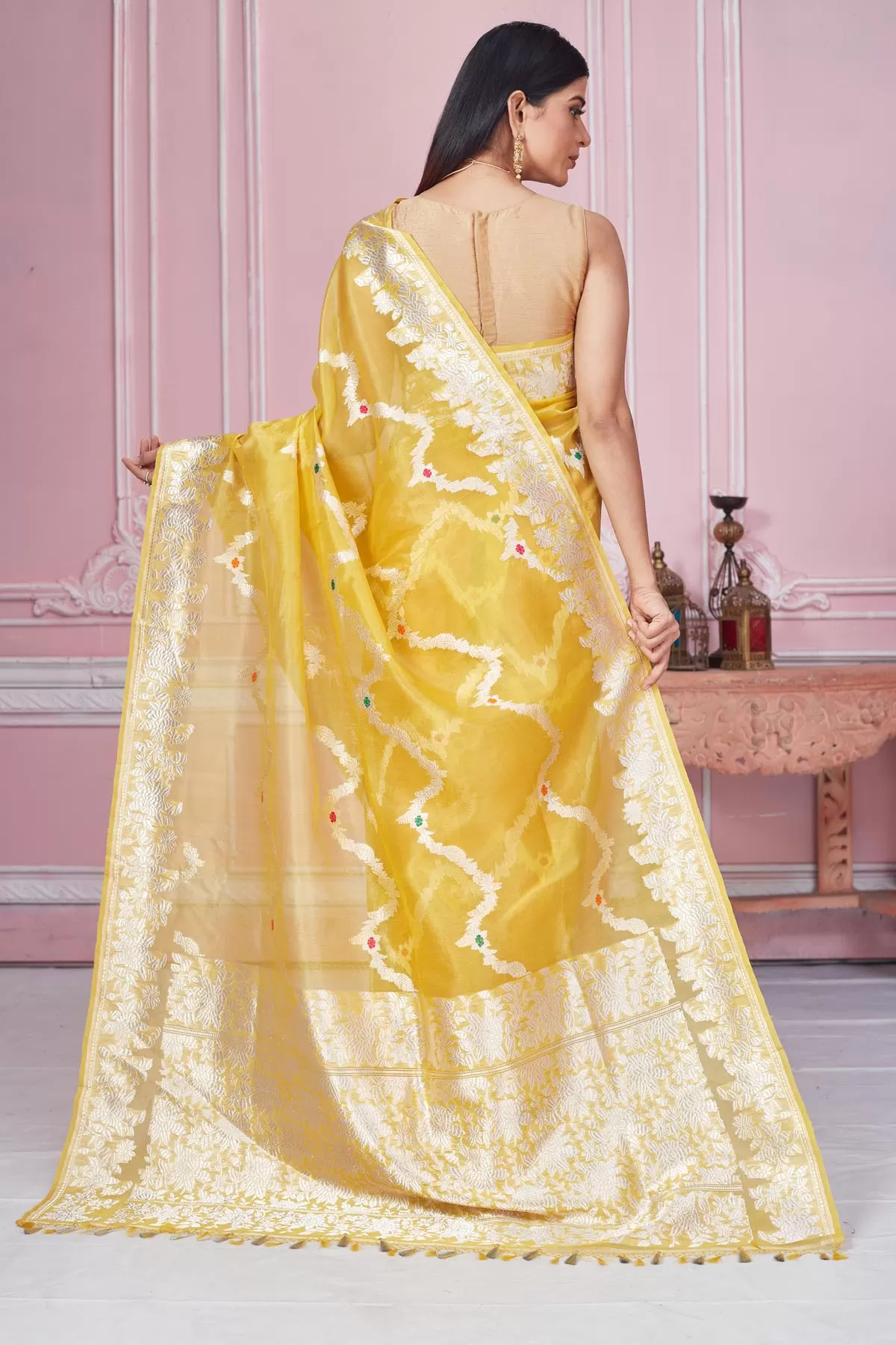 92A188 Yellow Banarasi Saree with Zari Minakari Work