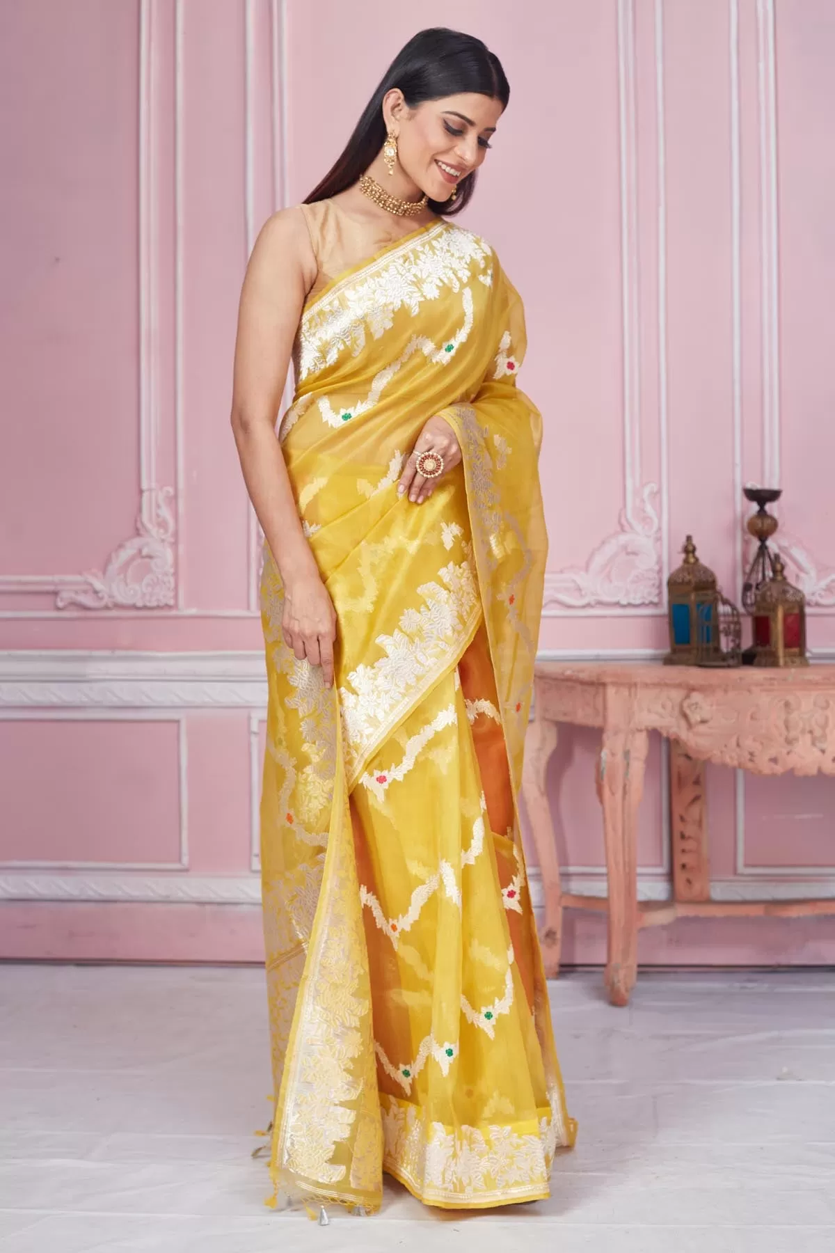 92A188 Yellow Banarasi Saree with Zari Minakari Work