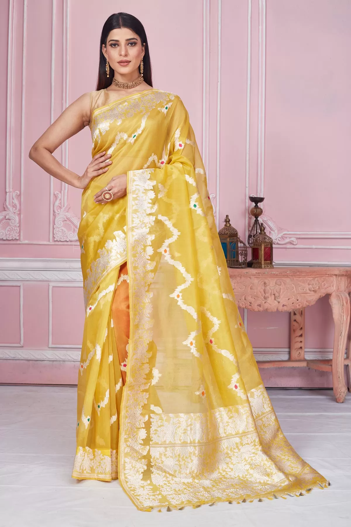 92A188 Yellow Banarasi Saree with Zari Minakari Work