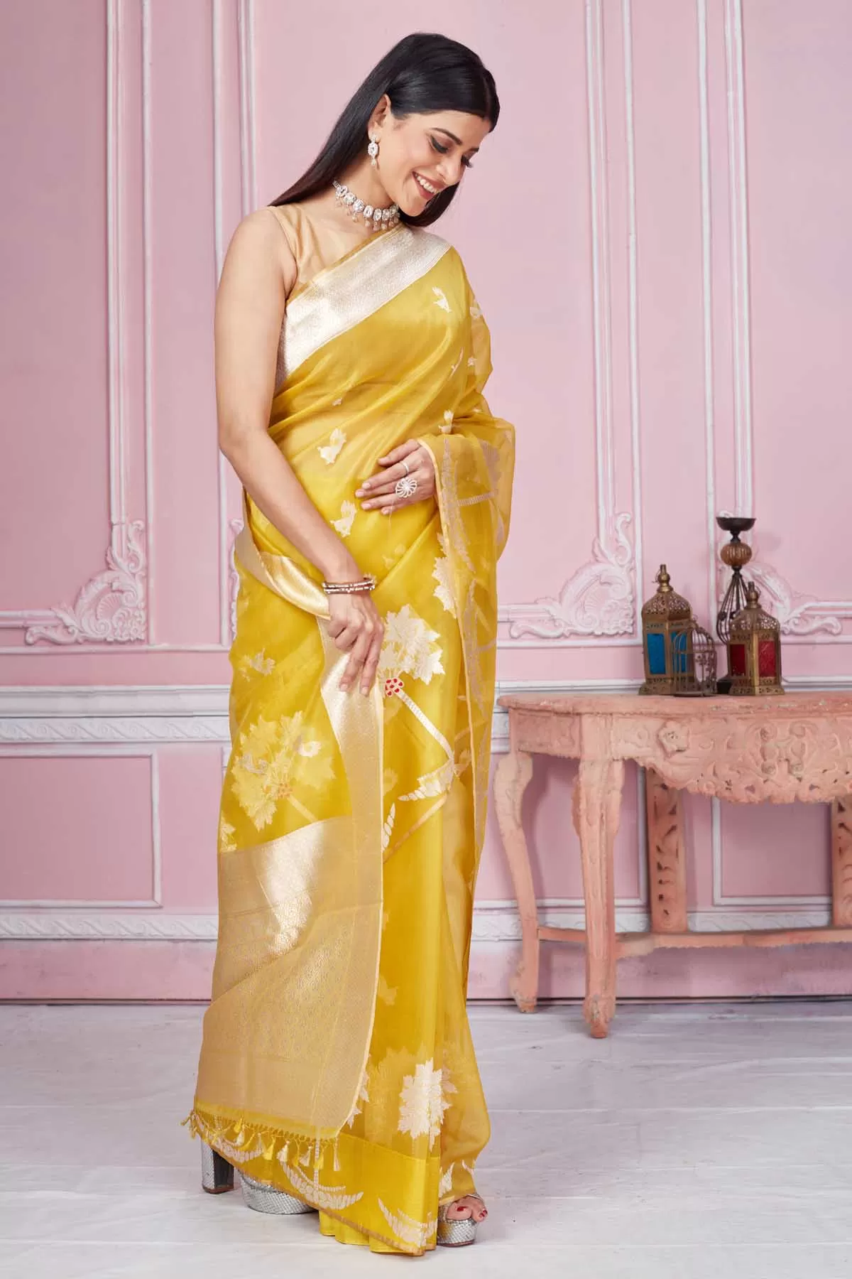 92A204 Yellow Banarasi Saree with Golden Zari Border and Pallu