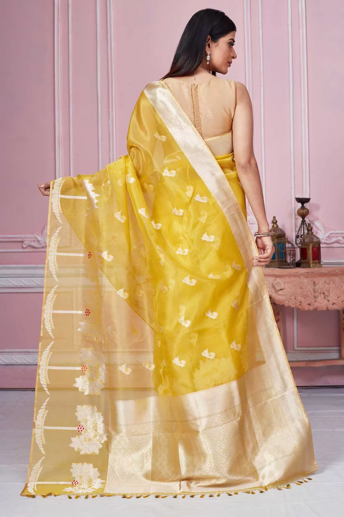 92A204 Yellow Banarasi Saree with Golden Zari Border and Pallu