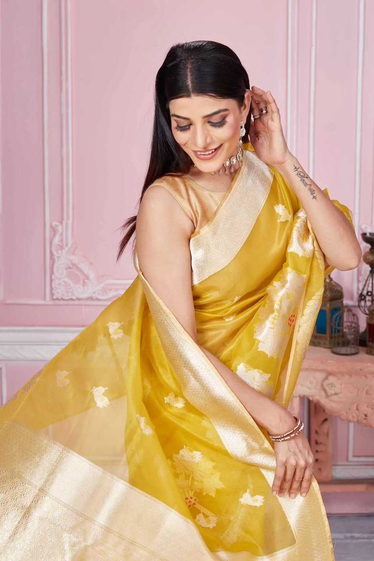 92A204 Yellow Banarasi Saree with Golden Zari Border and Pallu