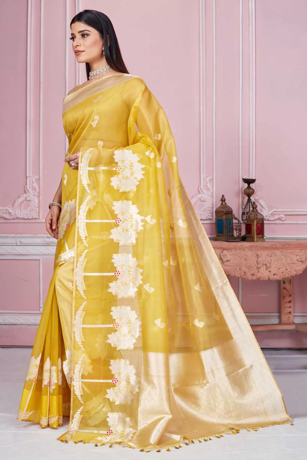 92A204 Yellow Banarasi Saree with Golden Zari Border and Pallu