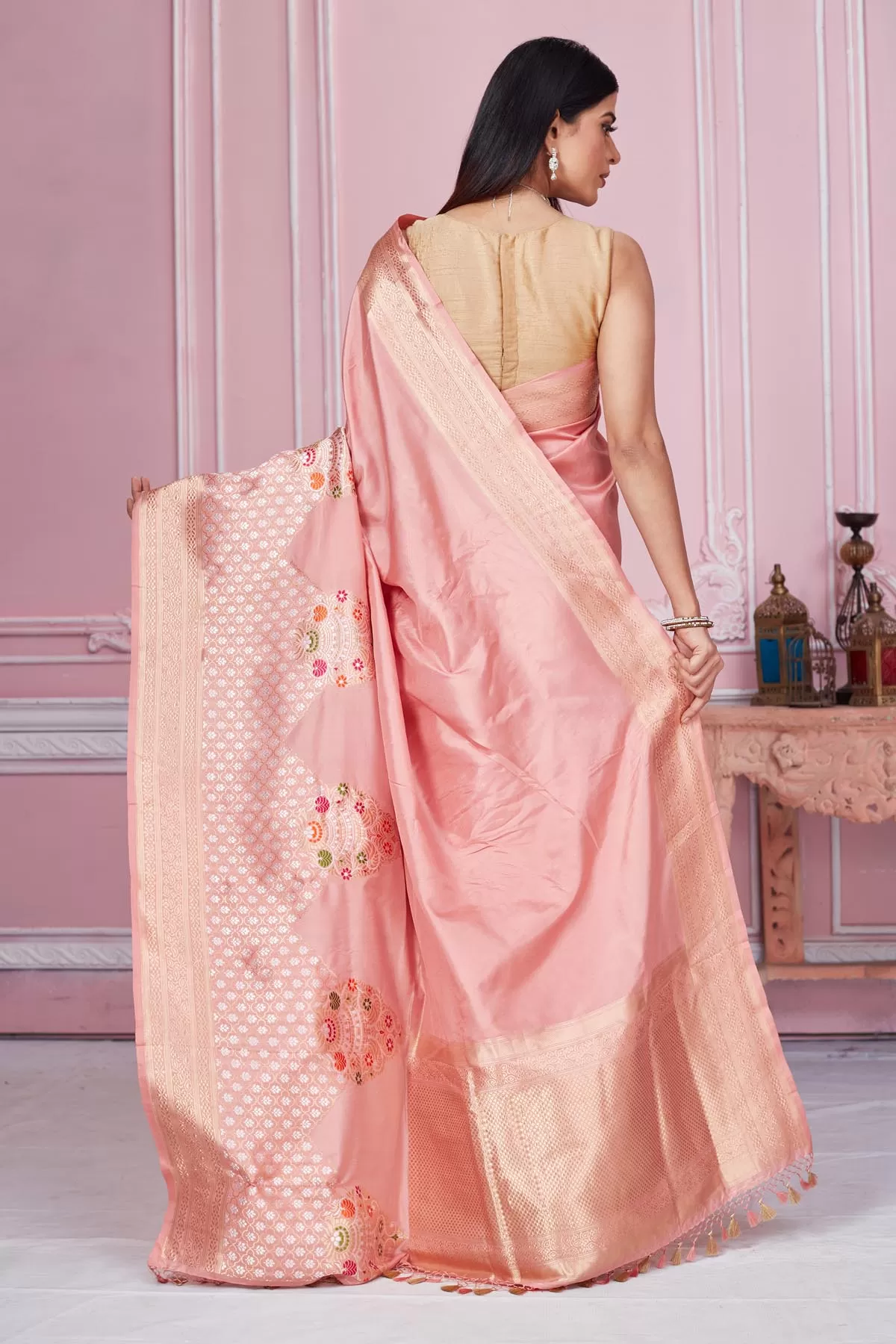 92A211 Rose Pink Banarasi Saree with Zari Border