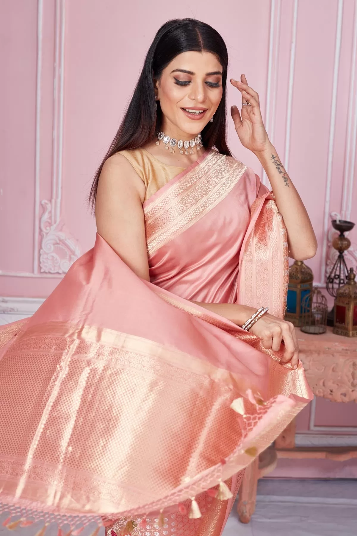 92A211 Rose Pink Banarasi Saree with Zari Border