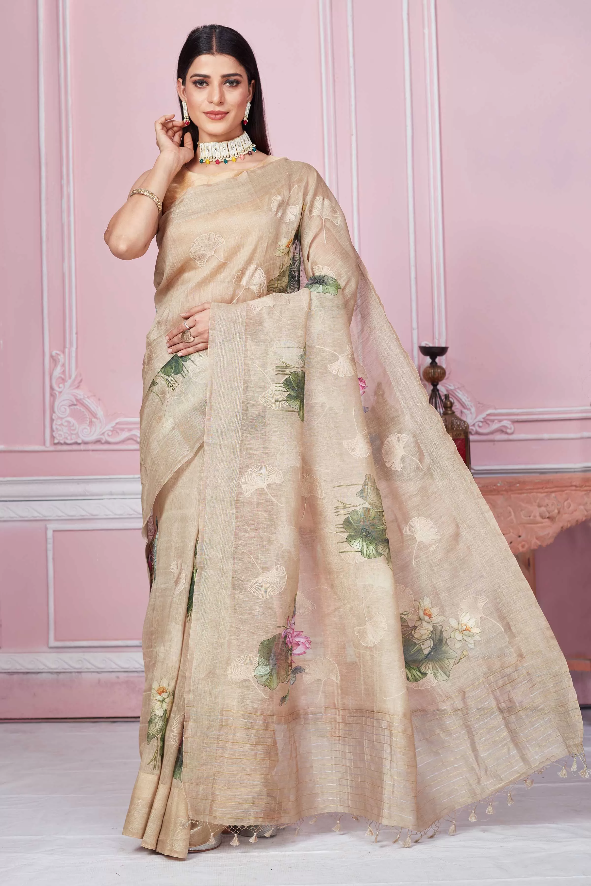 92A215 Beige Floral Print Banarasi Saree