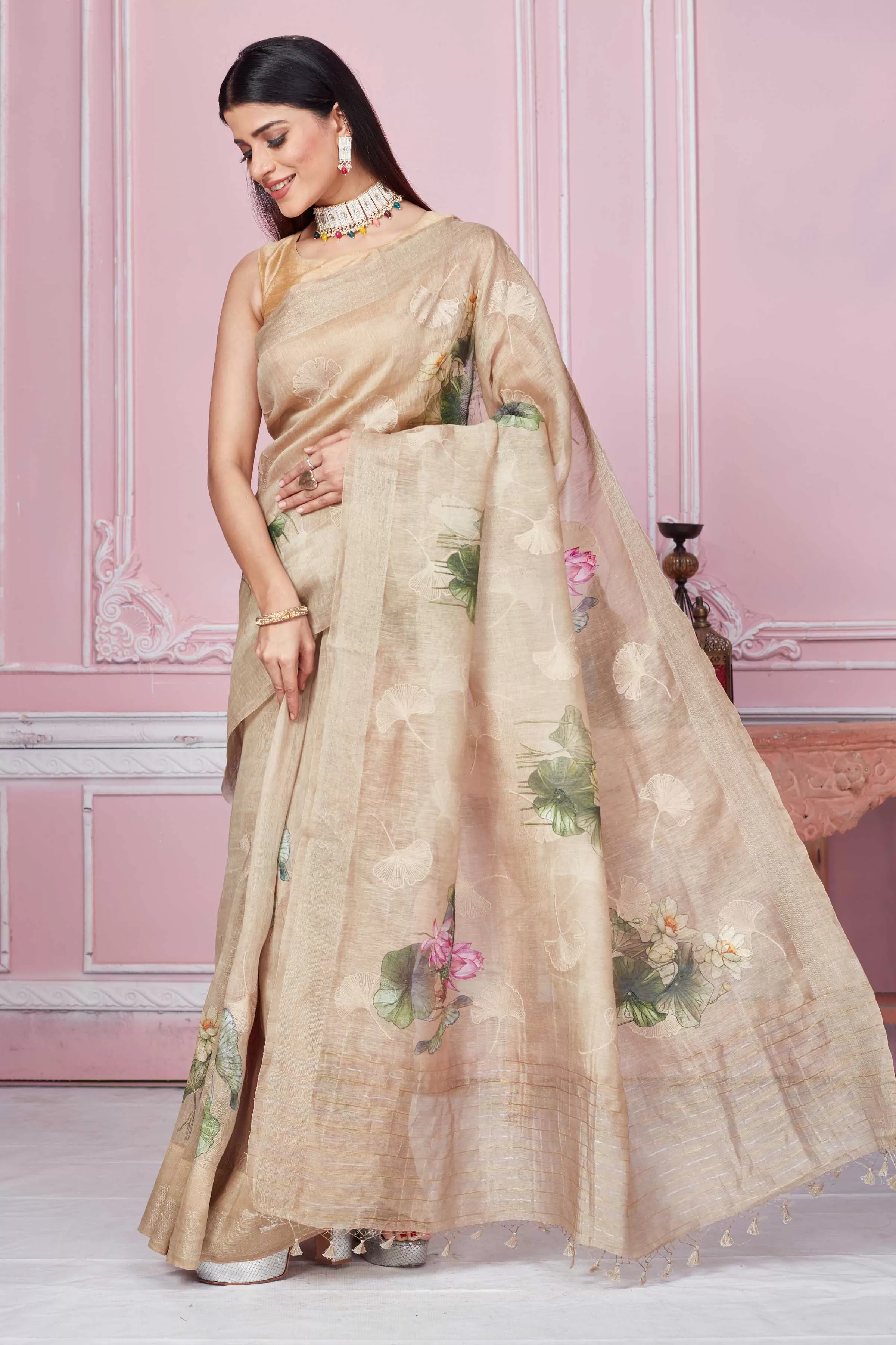 92A215 Beige Floral Print Banarasi Saree