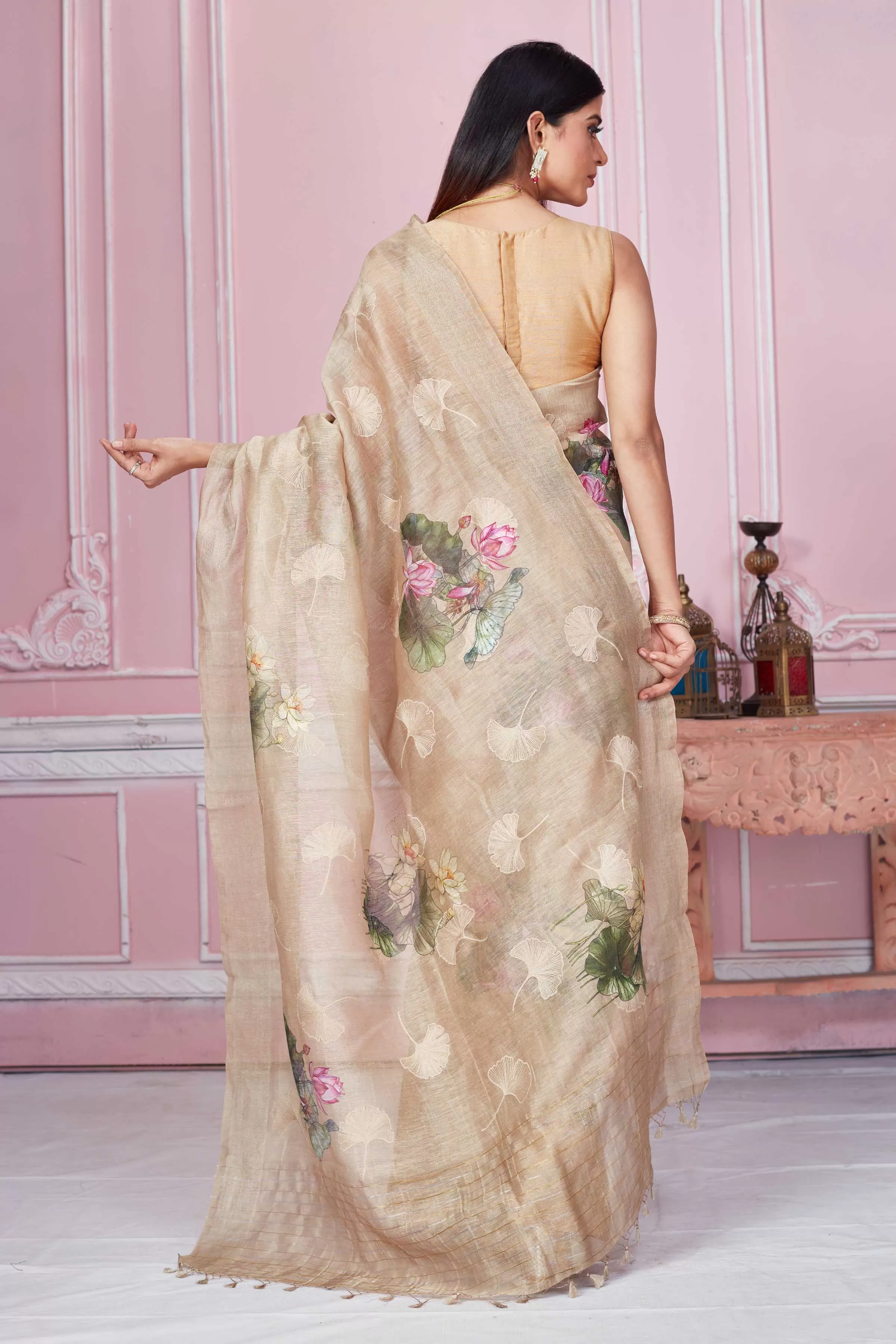 92A215 Beige Floral Print Banarasi Saree