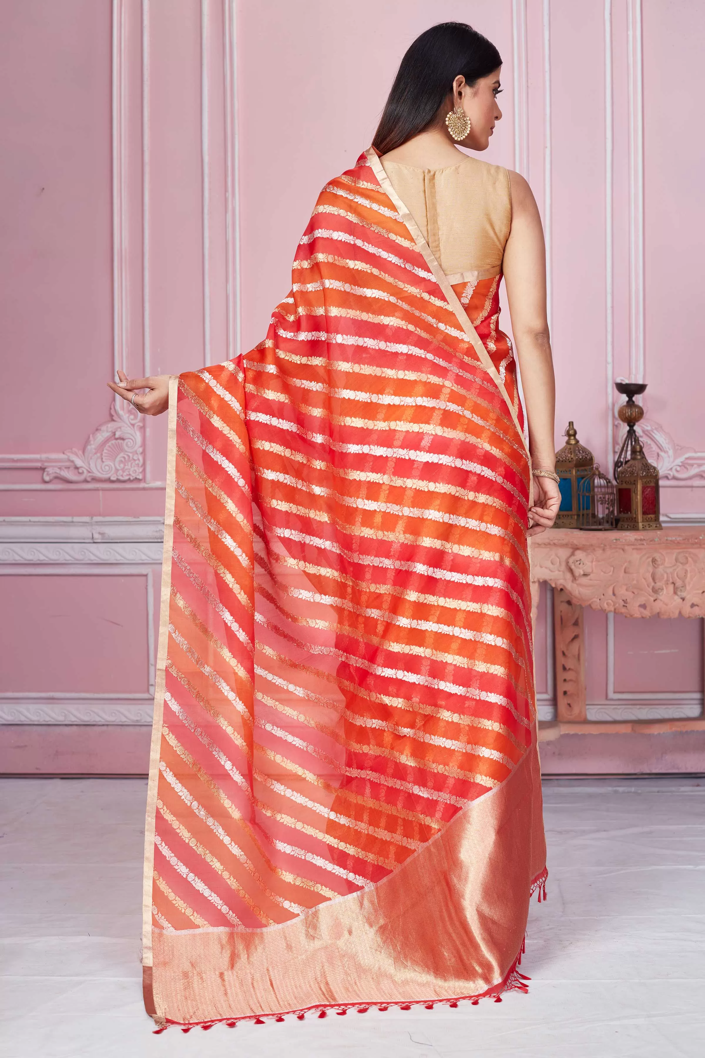 92A221 Red Orange Zari Stripes Banarasi Saree