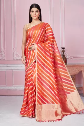 92A221 Red Orange Zari Stripes Banarasi Saree