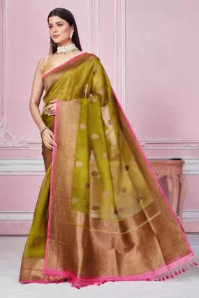 92A235 Olive Green Banarasi Saree With Pink Zari Border