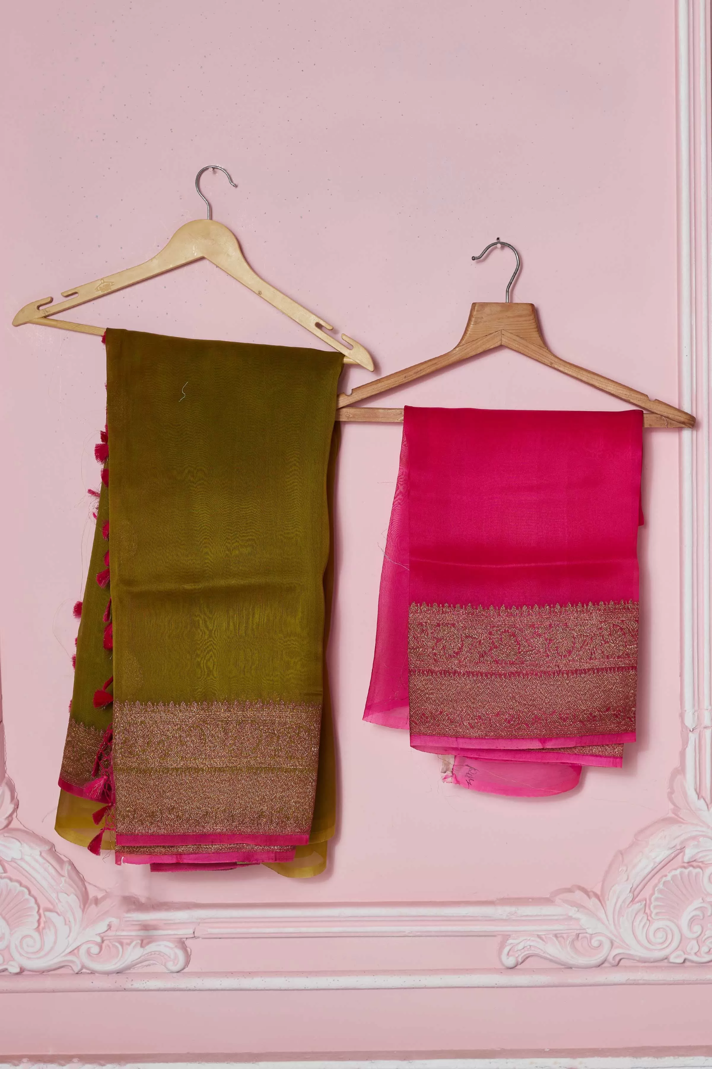 92A235 Olive Green Banarasi Saree With Pink Zari Border