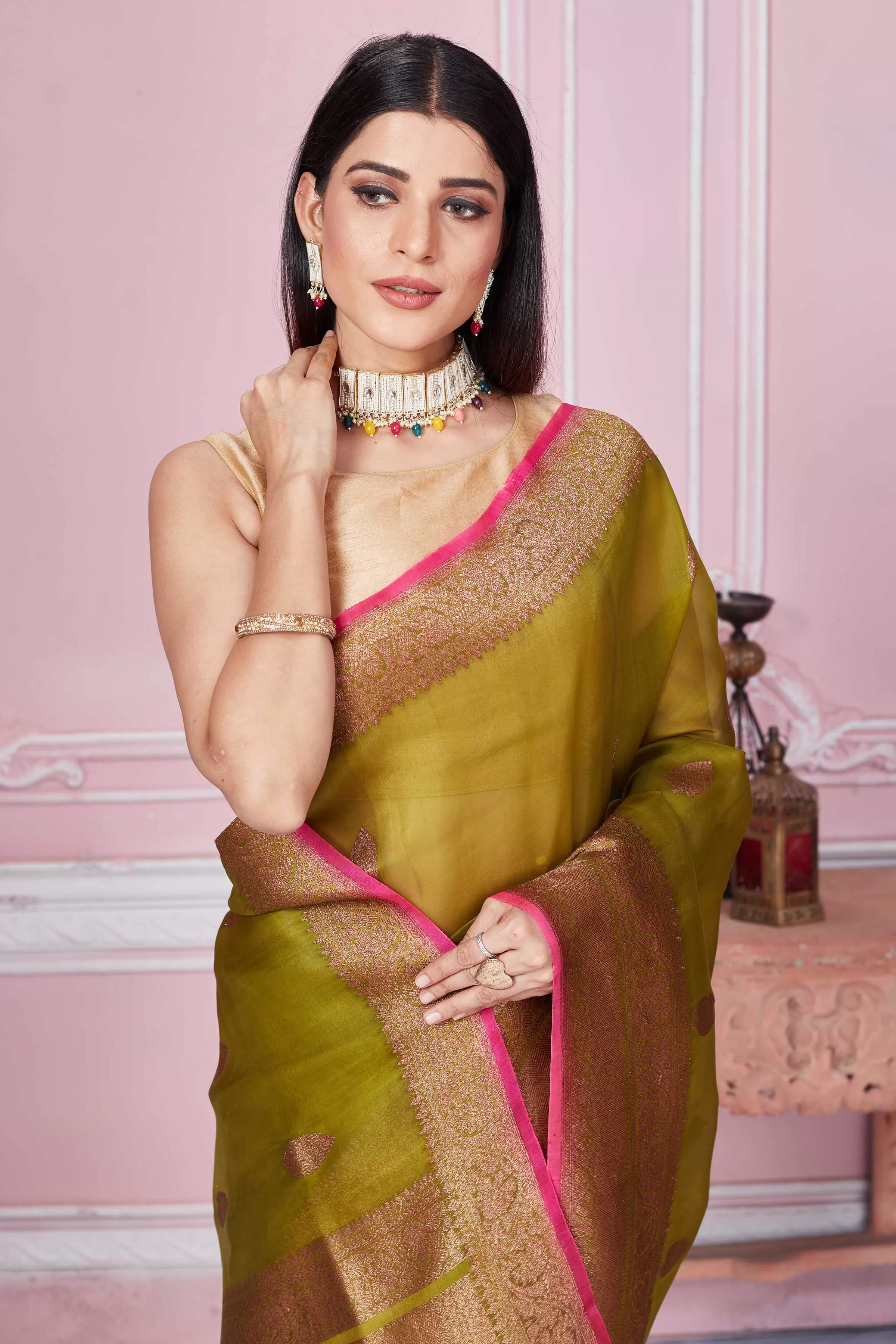 92A235 Olive Green Banarasi Saree With Pink Zari Border