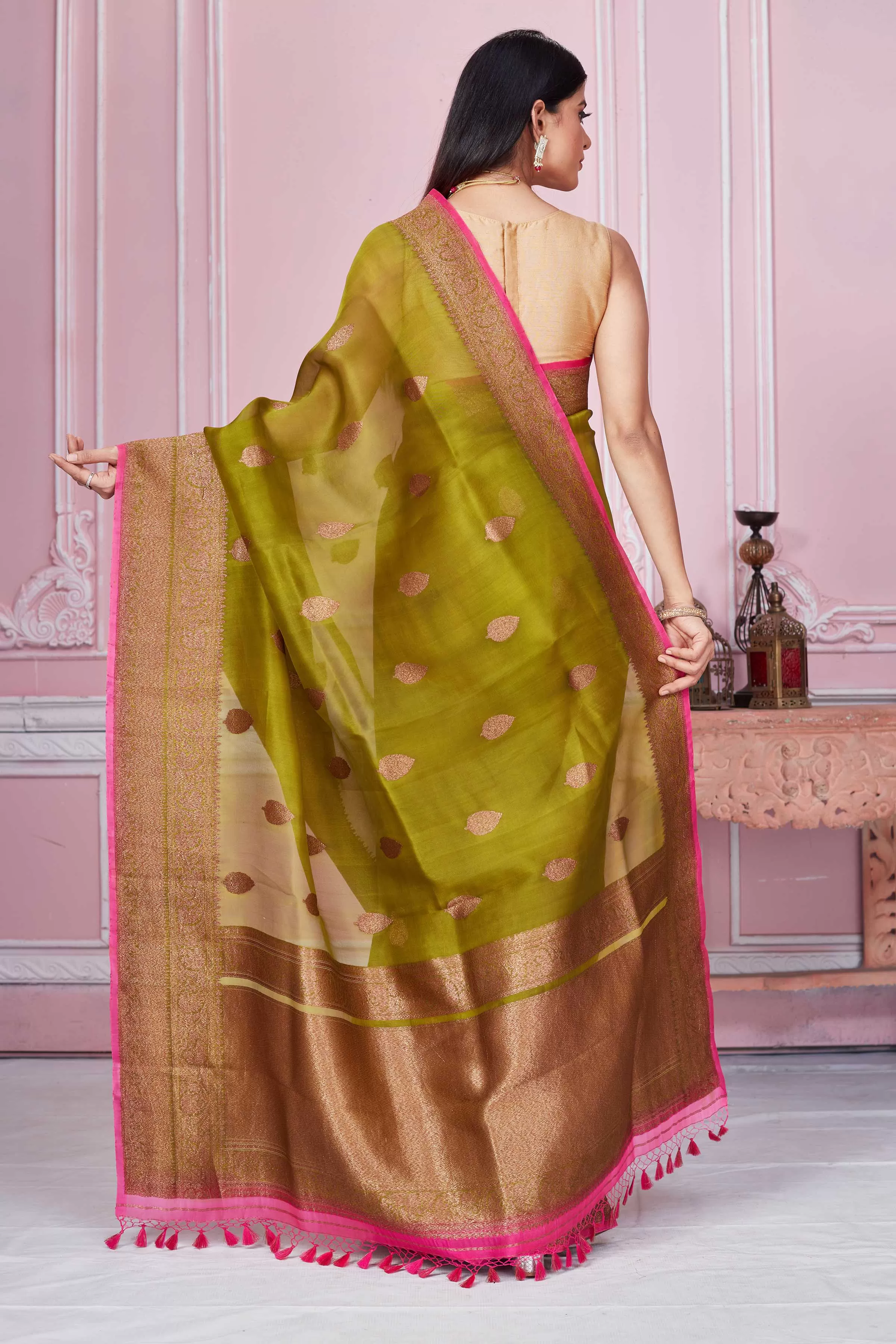 92A235 Olive Green Banarasi Saree With Pink Zari Border