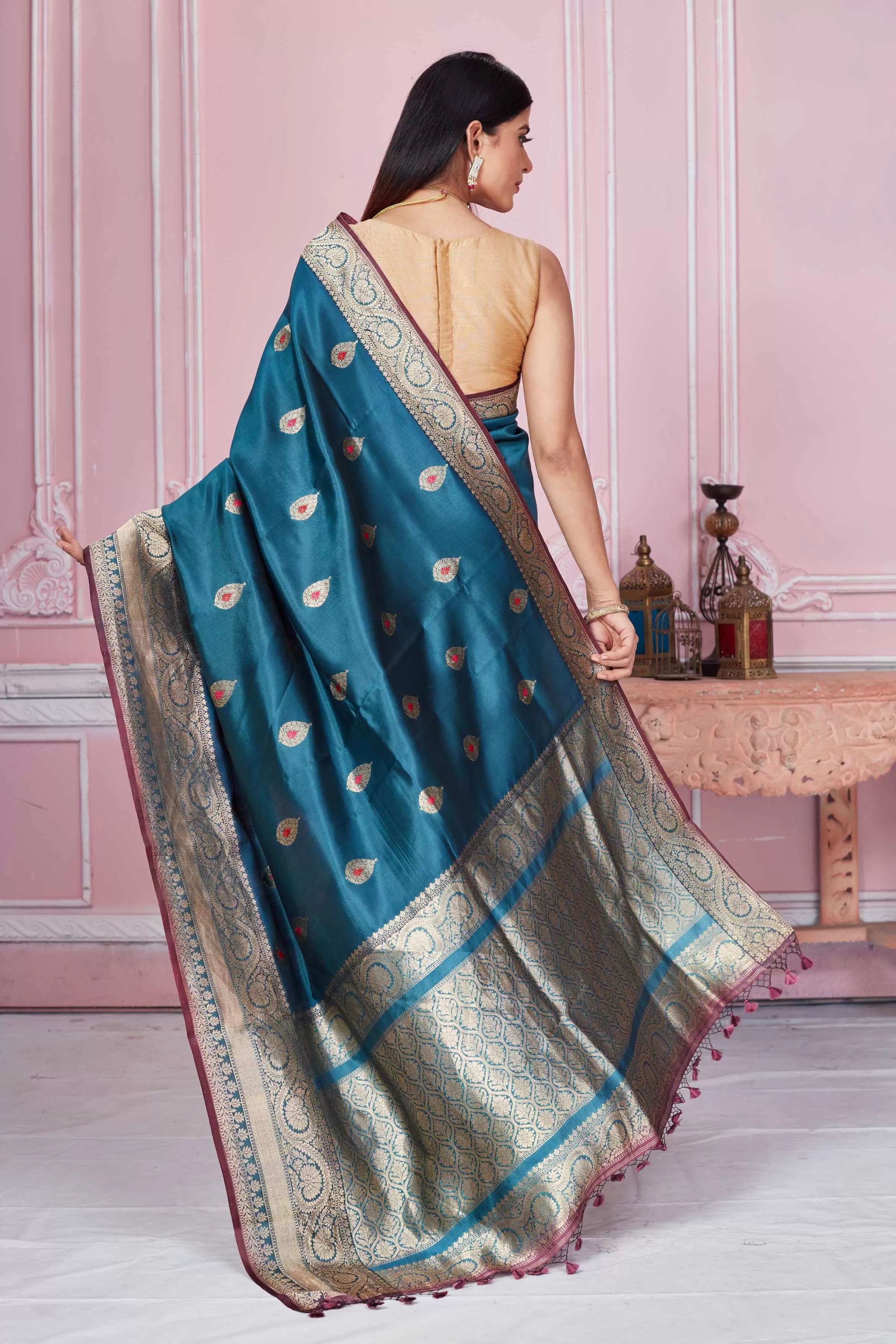 92A243 Teal Banarasi Saree With Zari Minakari Buta