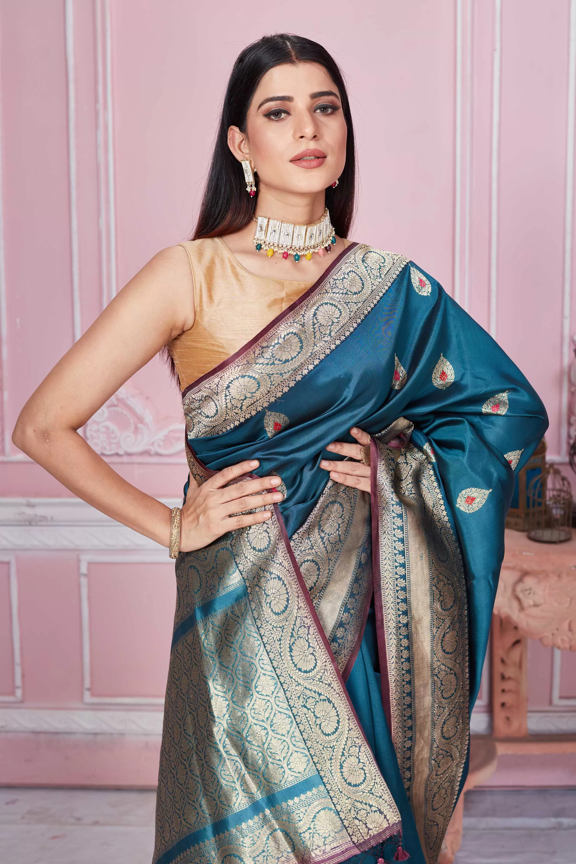 92A243 Teal Banarasi Saree With Zari Minakari Buta