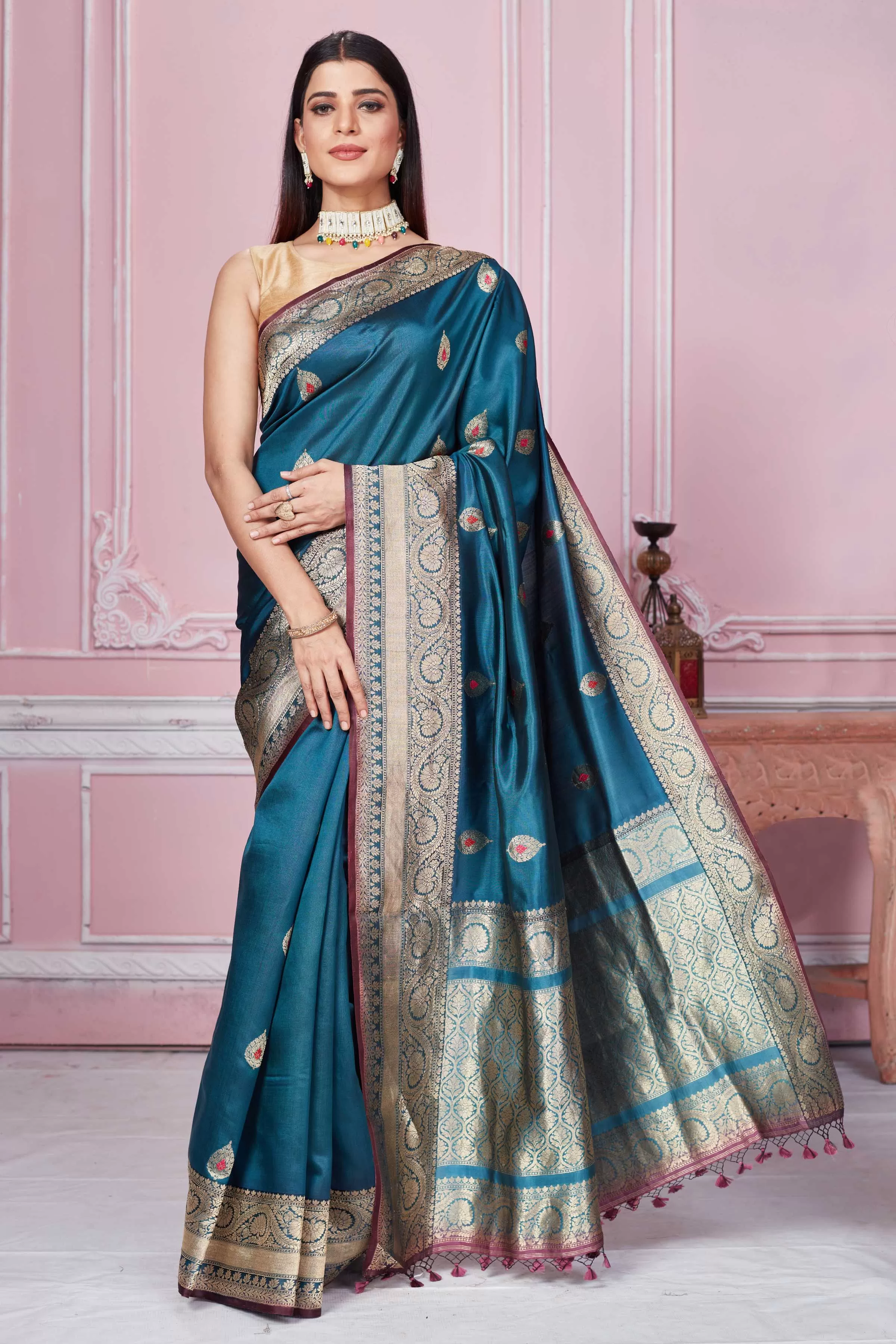 92A243 Teal Banarasi Saree With Zari Minakari Buta