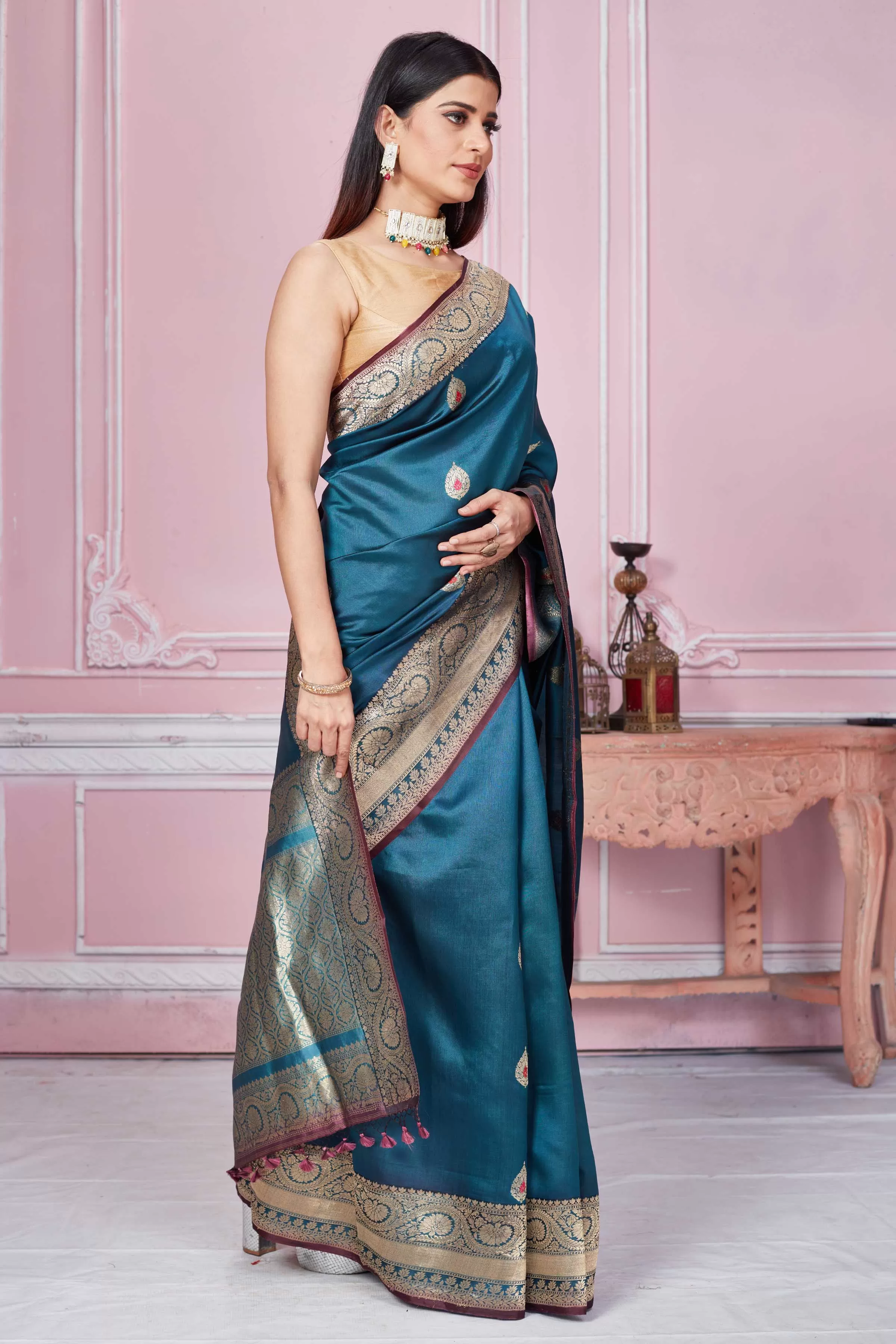 92A243 Teal Banarasi Saree With Zari Minakari Buta