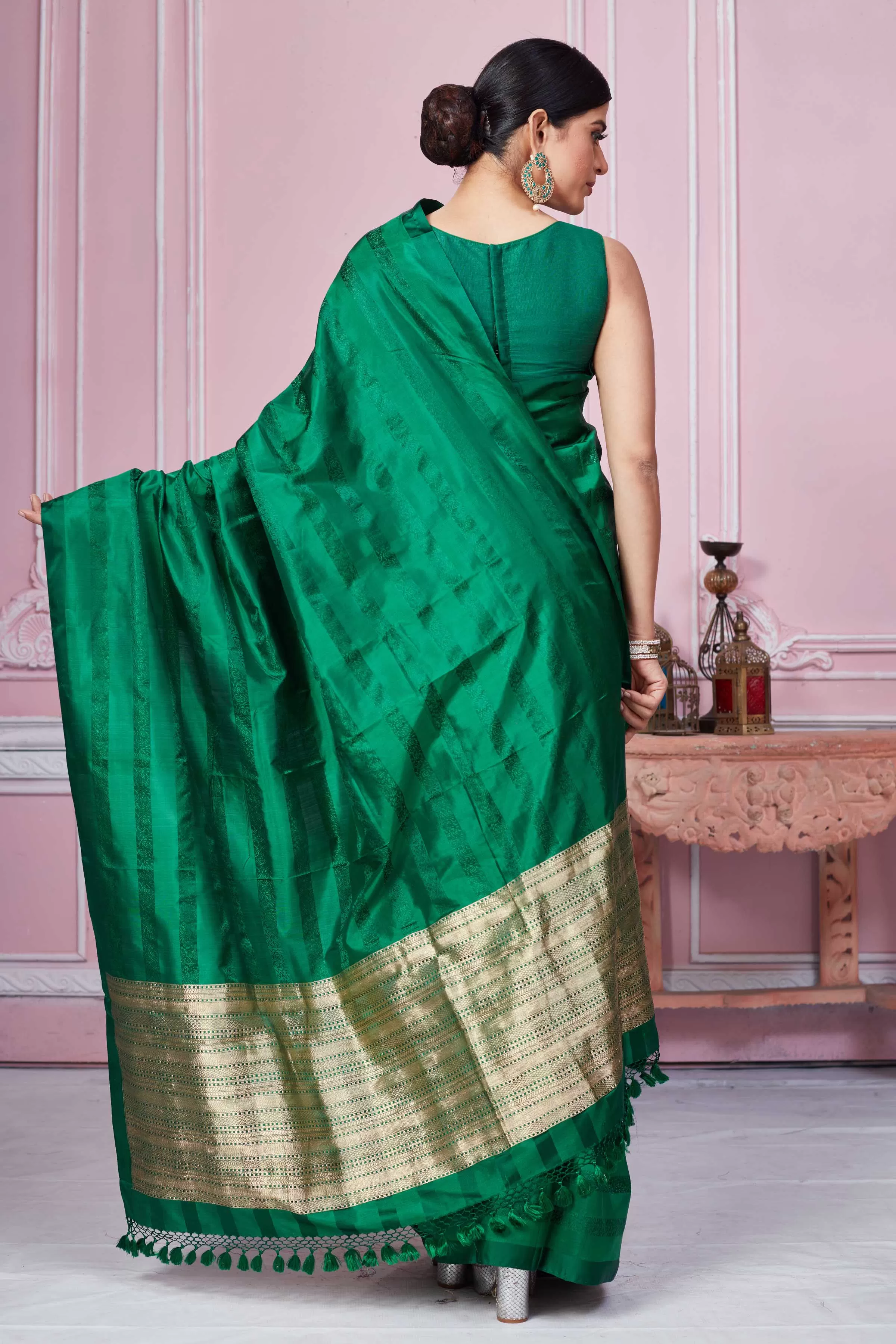 92A264 Bottle Green Self Stripes Banarasi Saree With Zari Pallu