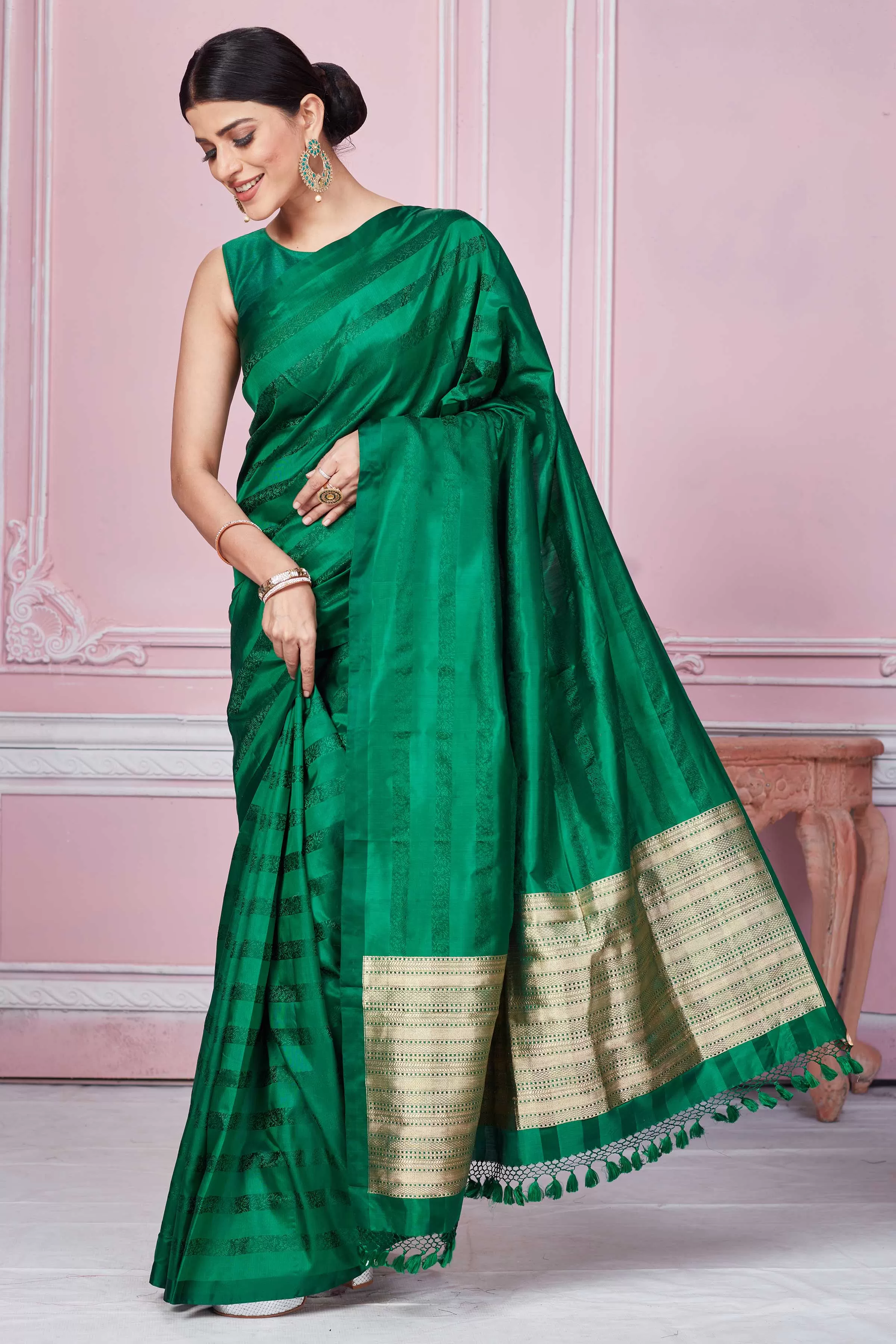 92A264 Bottle Green Self Stripes Banarasi Saree With Zari Pallu