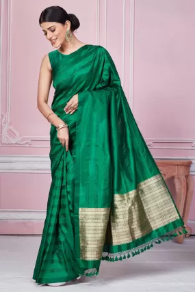 92A264 Bottle Green Self Stripes Banarasi Saree With Zari Pallu