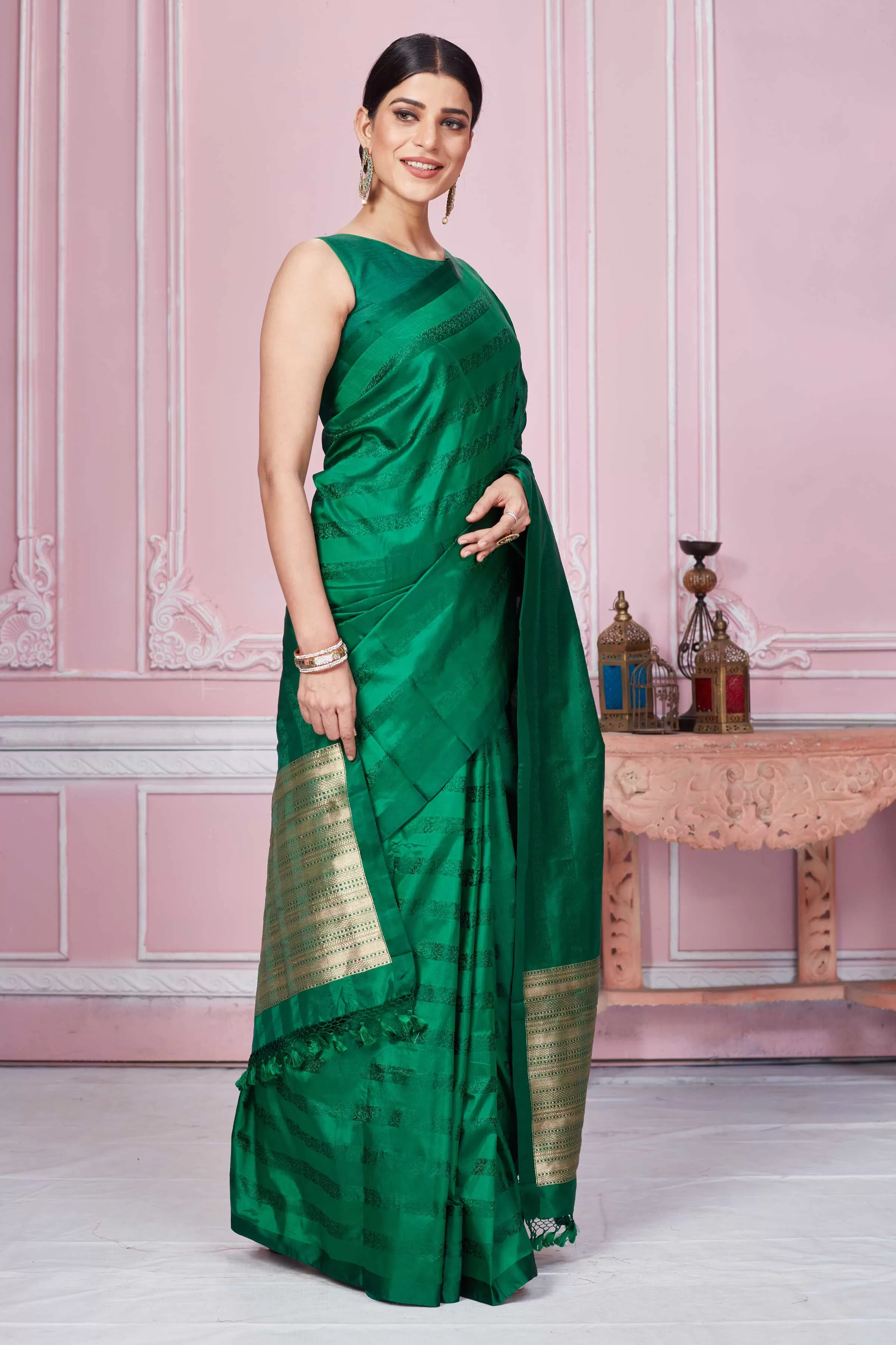 92A264 Bottle Green Self Stripes Banarasi Saree With Zari Pallu