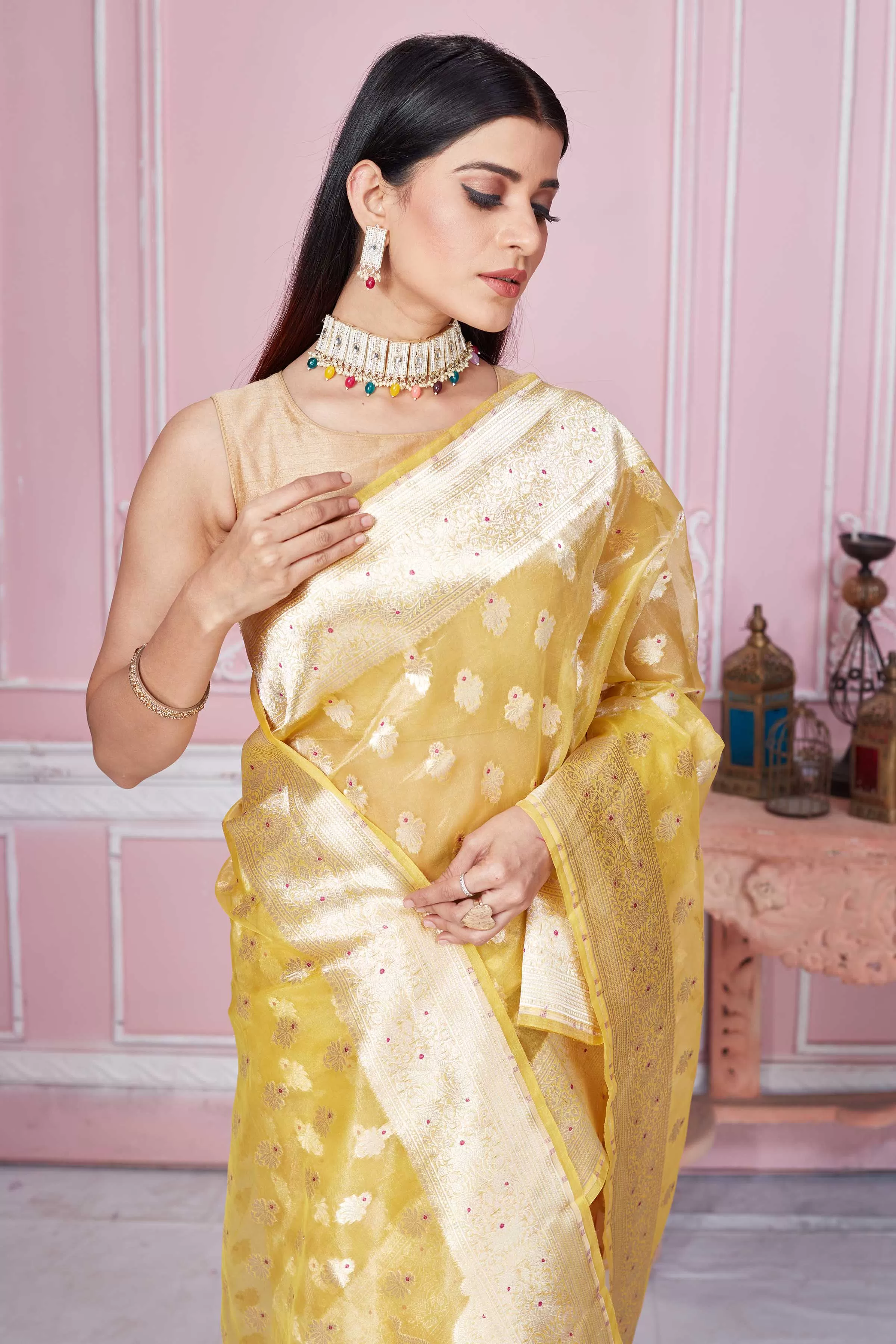 92A274 Yellow Banarasi Saree With Zari Minakari Buta