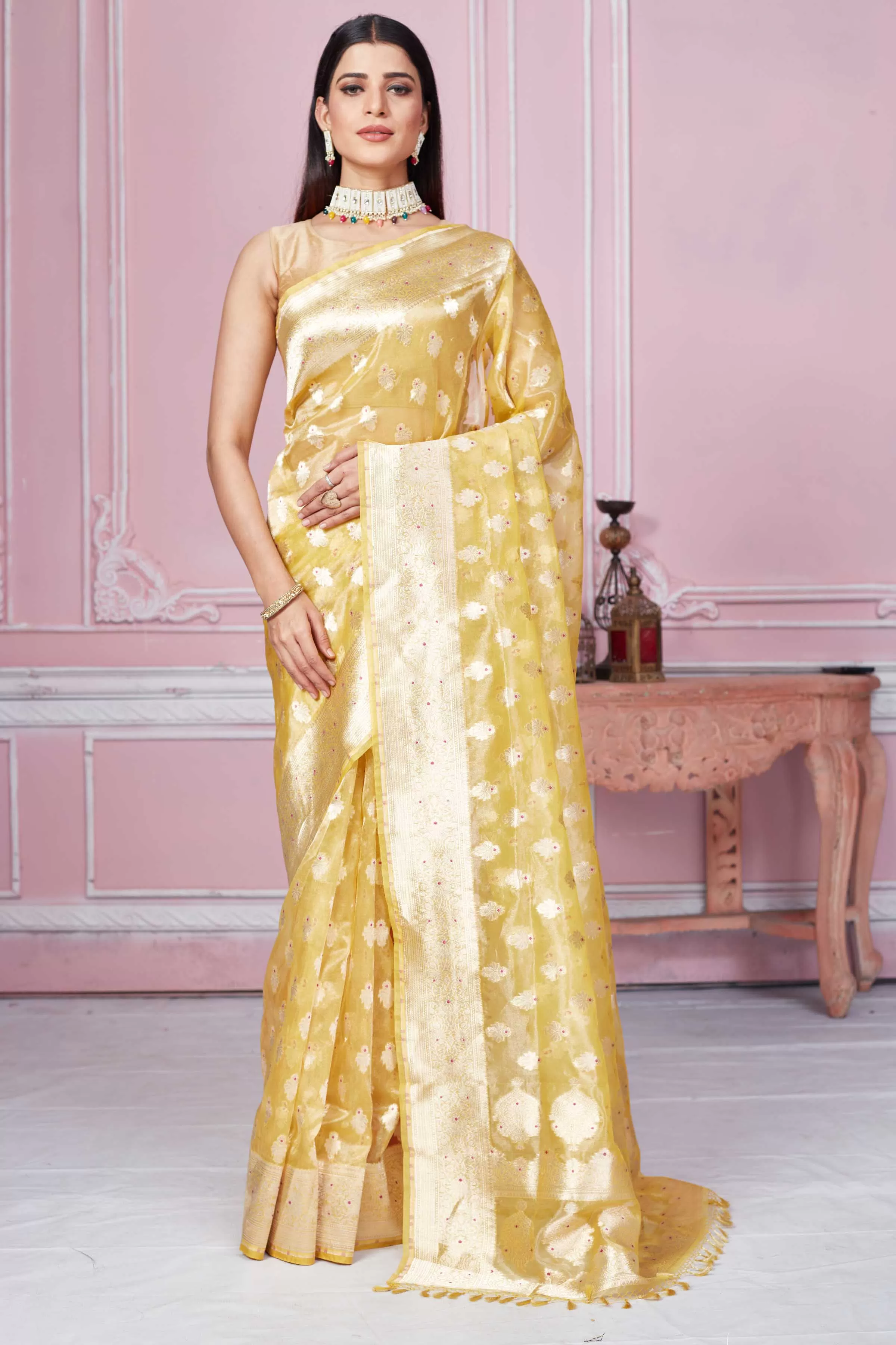 92A274 Yellow Banarasi Saree With Zari Minakari Buta