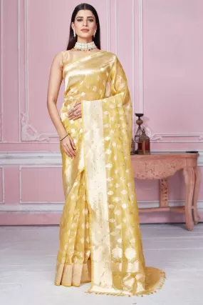 92A274 Yellow Banarasi Saree With Zari Minakari Buta