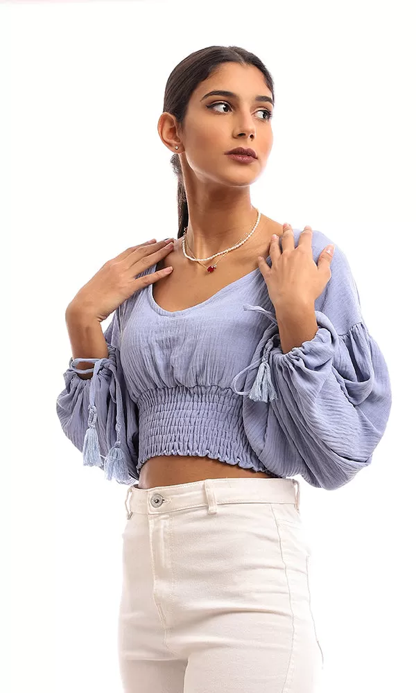 96775 Cropped Polyester Blouse With Wide Elastic Trim - Cornflower Blue