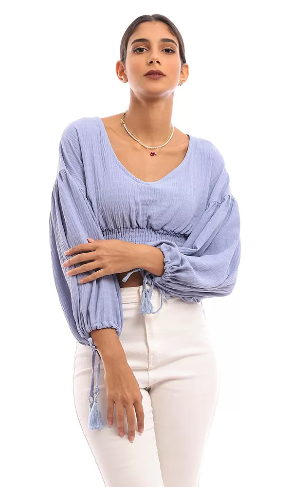 96775 Cropped Polyester Blouse With Wide Elastic Trim - Cornflower Blue