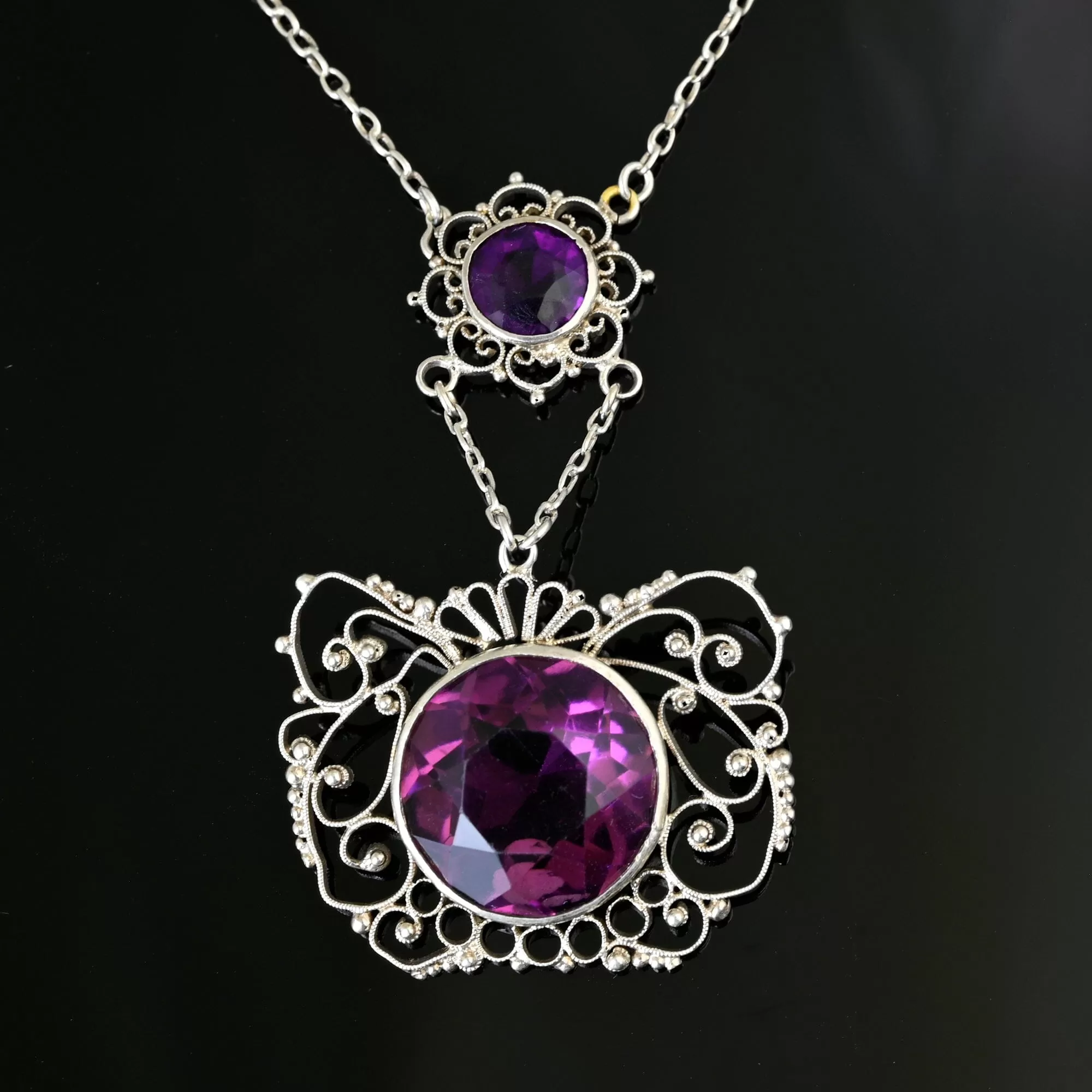 Antique Silver Filigree Amethyst Paste Necklace