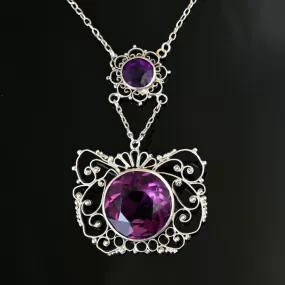 Antique Silver Filigree Amethyst Paste Necklace