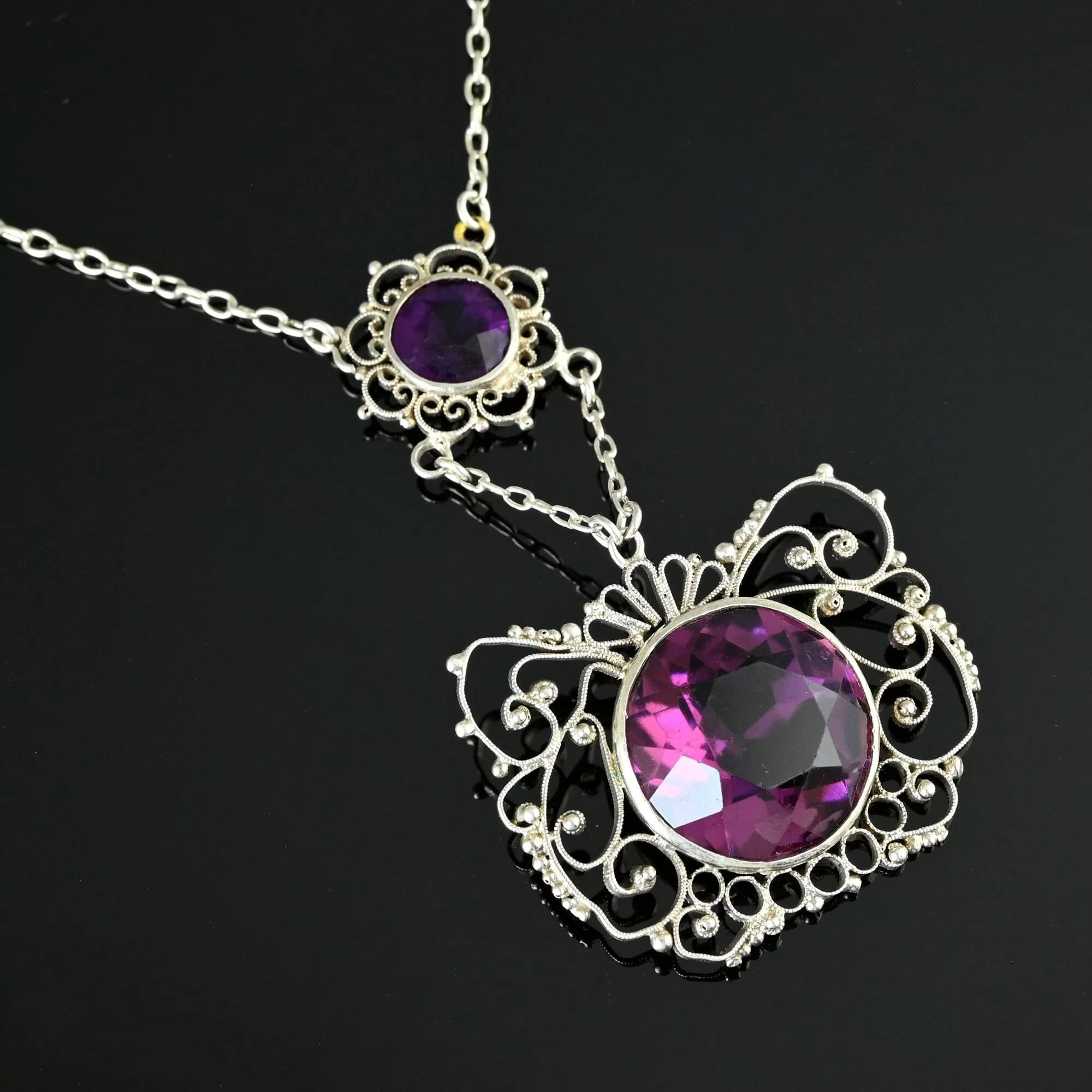 Antique Silver Filigree Amethyst Paste Necklace